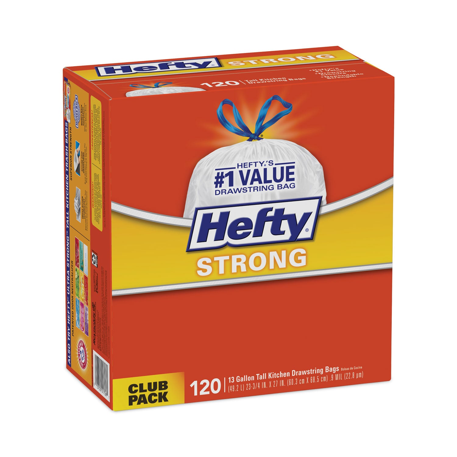 Hefty® Strong Tall Kitchen Drawstring Bags, 13 gal, 23.75" x 27", White, 90 Bags/Box, 3 Boxes/Carton