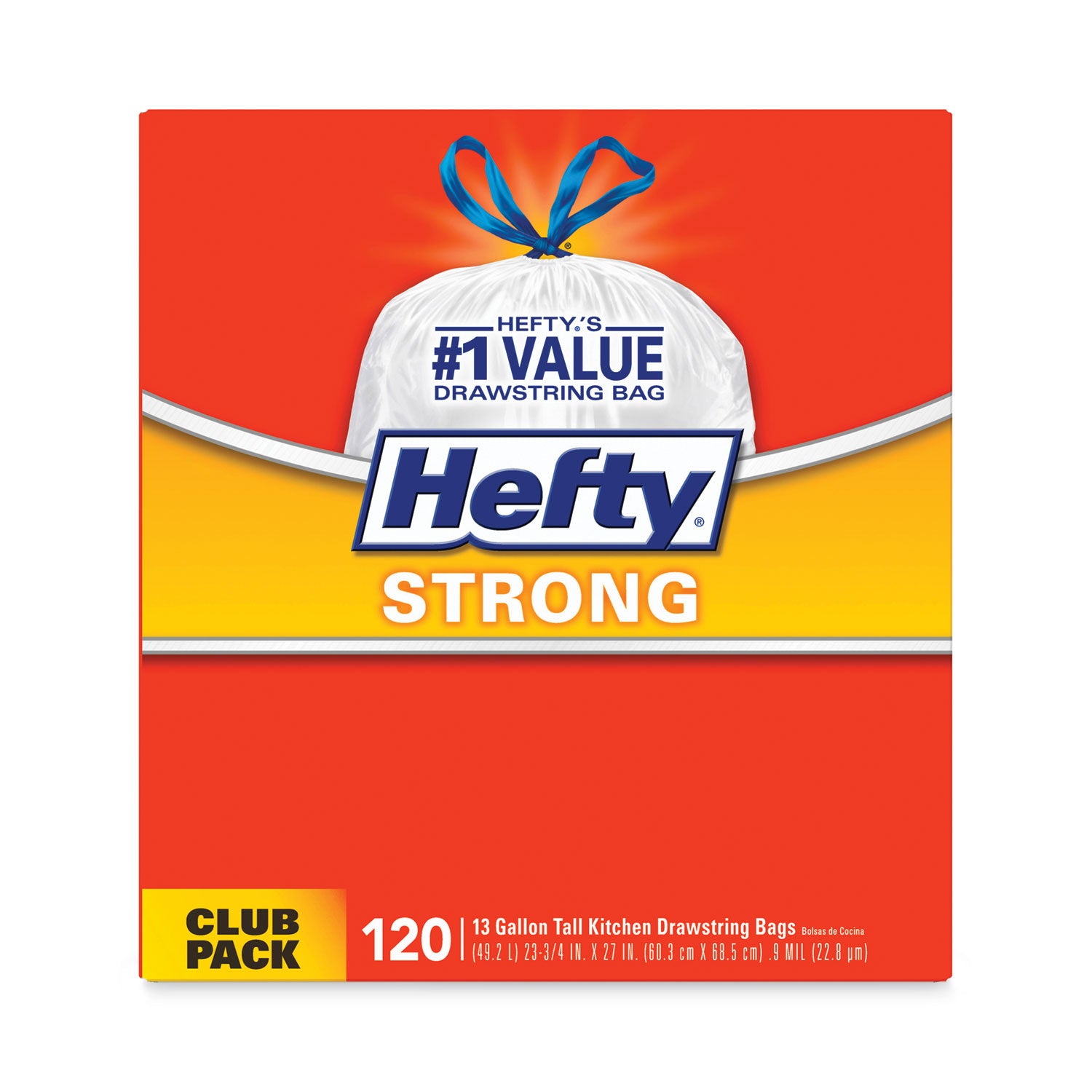 Hefty® Strong Tall Kitchen Drawstring Bags, 13 gal, 23.75" x 27", White, 90 Bags/Box, 3 Boxes/Carton