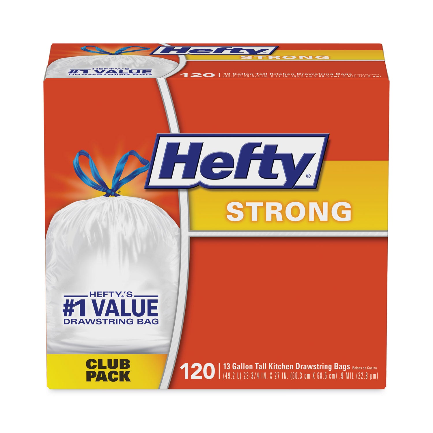 Hefty® Strong Tall Kitchen Drawstring Bags, 13 gal, 23.75" x 27", White, 90/Box