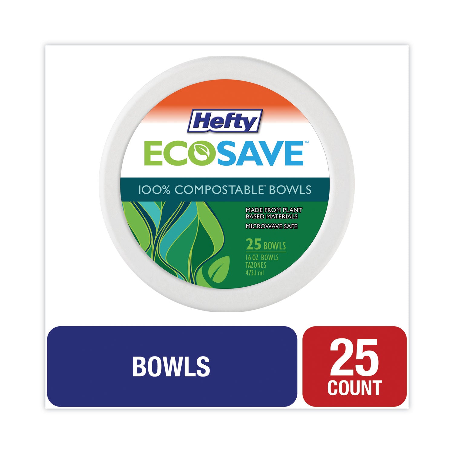 Hefty® ECOSAVE Tableware, Bowl, Bagasse, 16 oz, White, 25/Pack