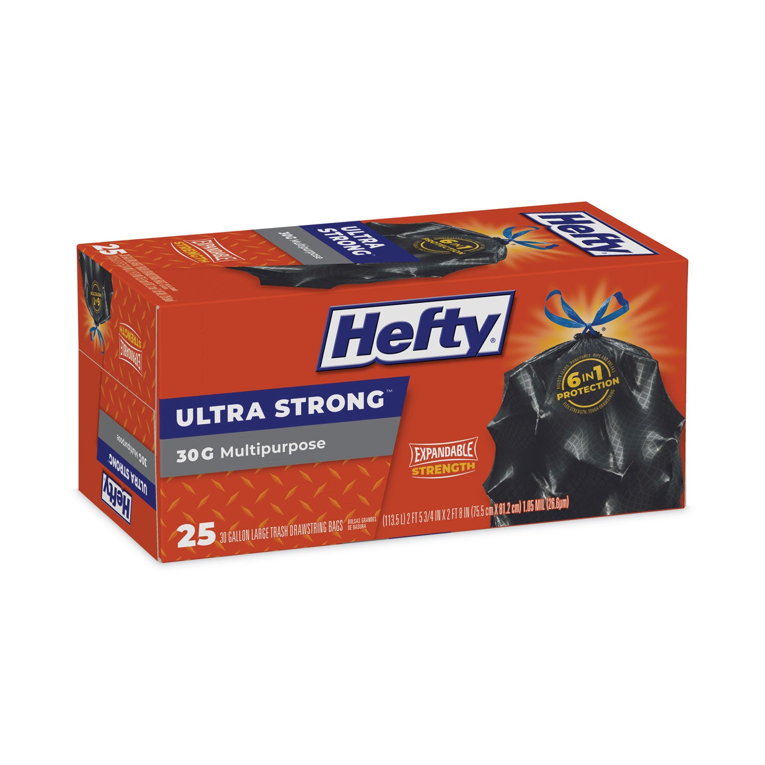 Hefty® Ultra Flex Waste Bags, Drawstring, 30 gal, 1.05 mil, 6" x 2.1", Black, 150/Carton