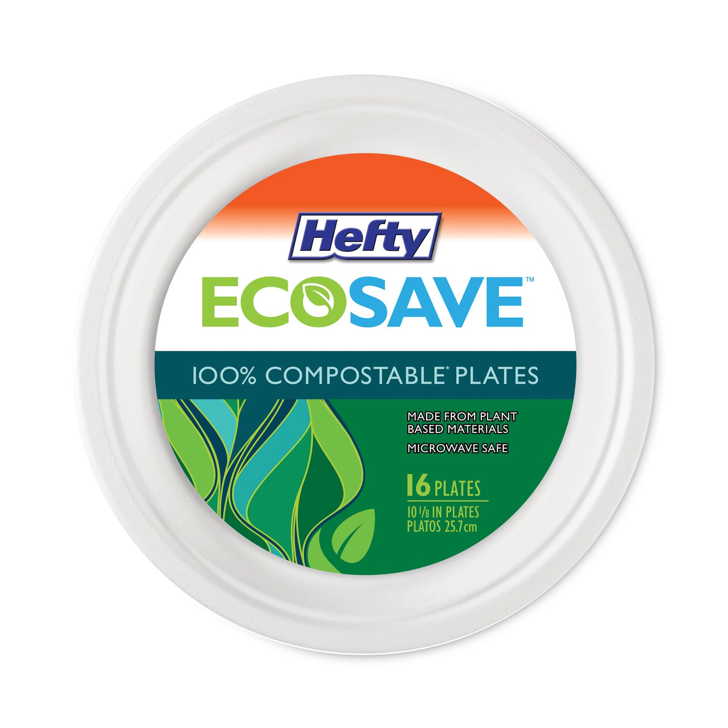 Hefty® ECOSAVE Tableware, Plate, Bagasse, 10.13" dia, White, 16/Pack, 12 Packs/Carton