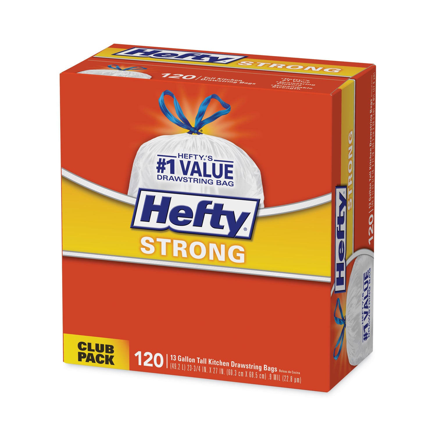 Hefty® Strong Tall Kitchen Drawstring Bags, 13 gal, 23.75" x 27", White, 90 Bags/Box, 3 Boxes/Carton