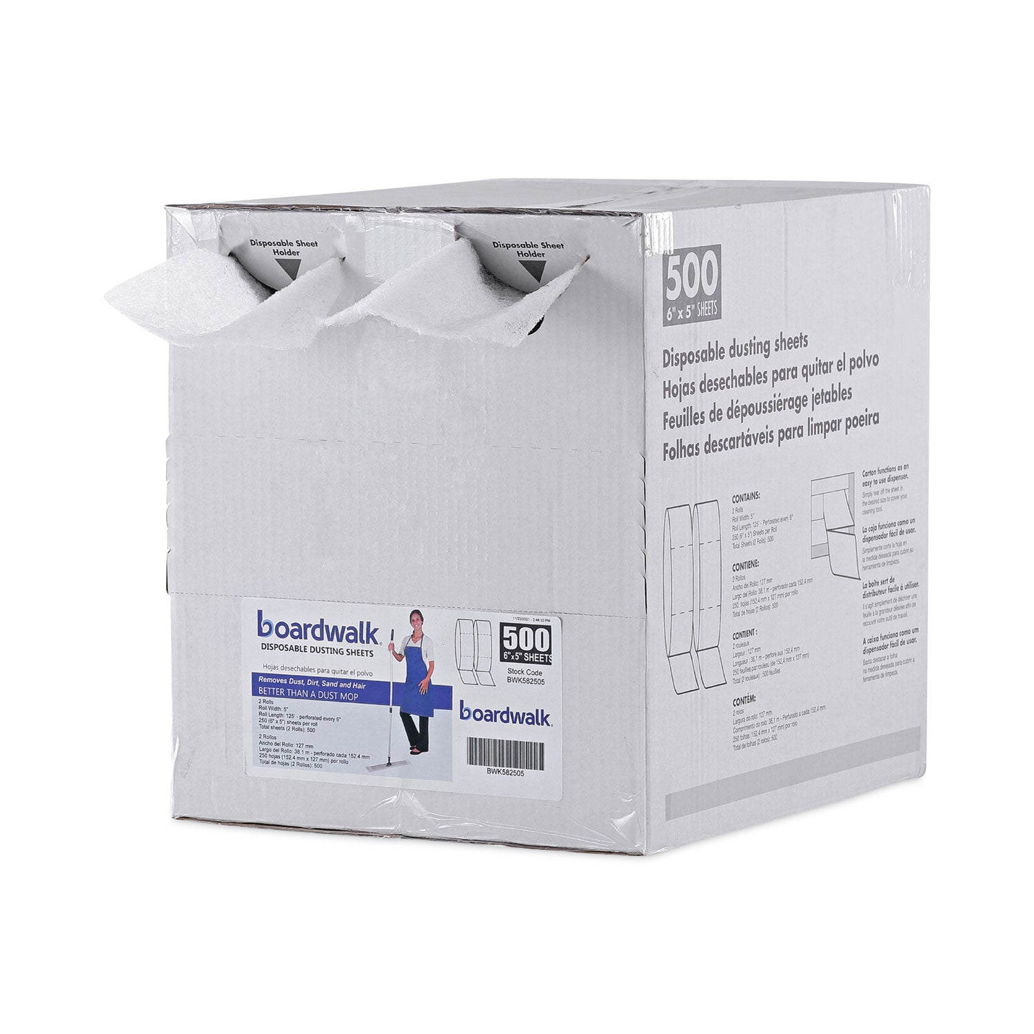 Boardwalk® TrapEze Disposable Dusting Sheets, 5" x 125 ft, White, 250 Sheets/Roll, 2 Rolls/Carton