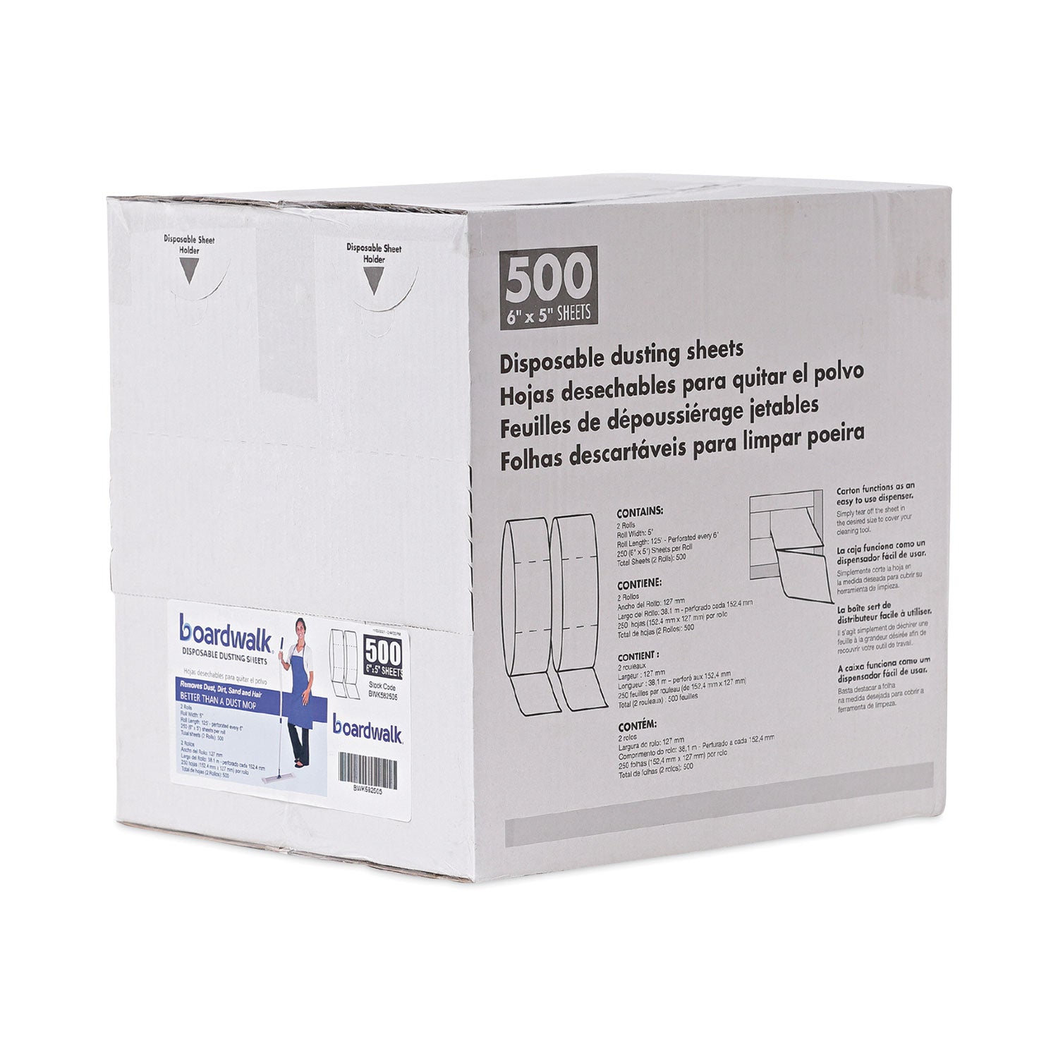 Boardwalk® TrapEze Disposable Dusting Sheets, 5" x 125 ft, White, 250 Sheets/Roll, 2 Rolls/Carton