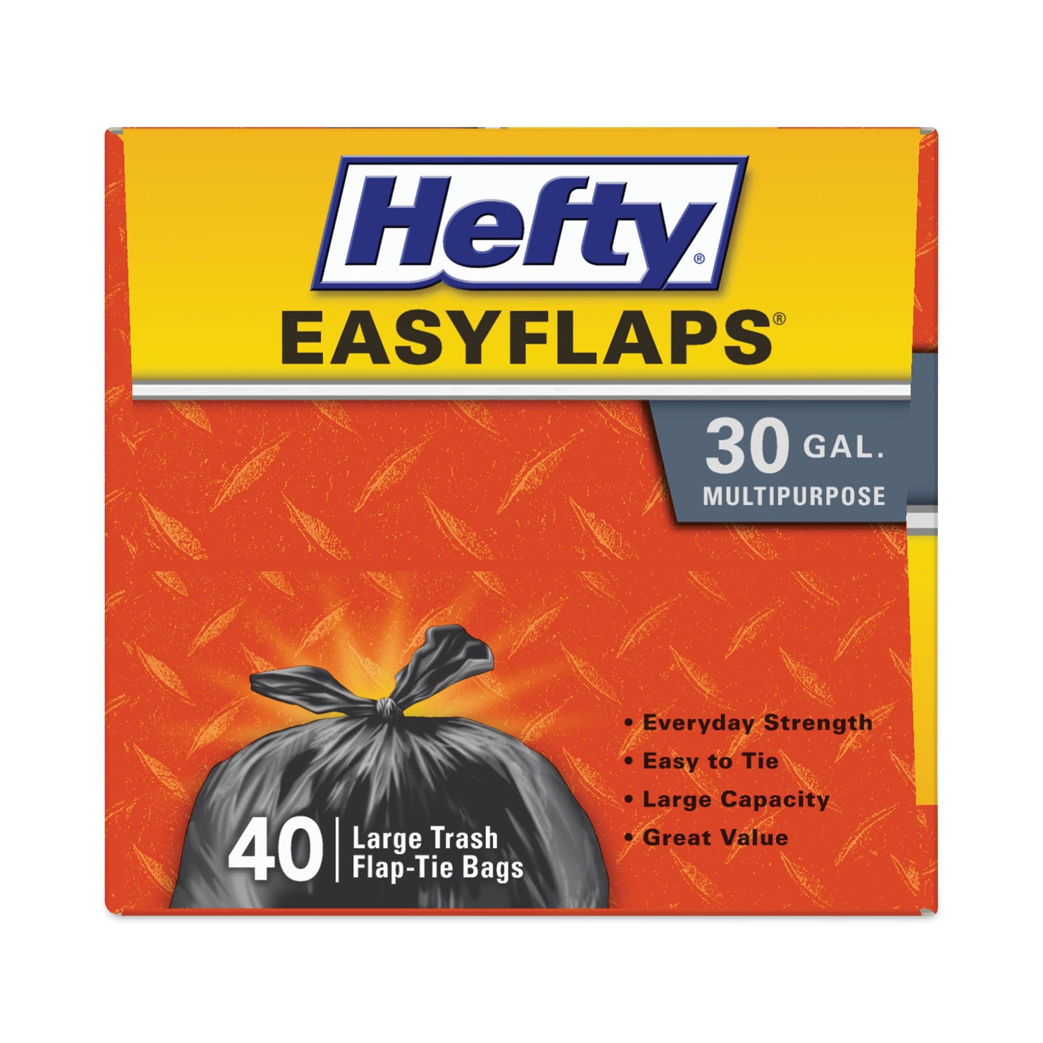 Hefty® Easy Flaps Trash Bags, Tie-Flap, 30 gal, 0.85 mil, 30" x 33", Black, 40 Bags/Box, 6 Boxes/Carton