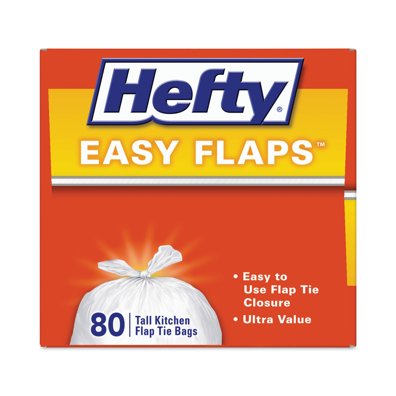 Hefty® Easy Flaps Trash Bags, Tie-Flap, 13 gal, 23.75" x 28", White, 80 Bags/Box, 3 Boxes/Carton