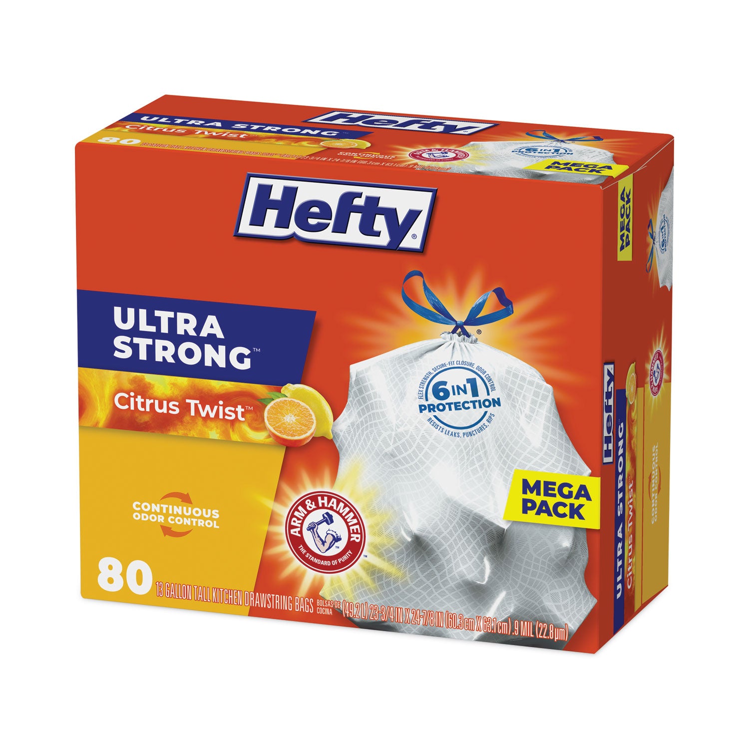 Hefty® Ultra Strong Scented Tall Kitchen Bags, Drawstring, 13 gal, Citrus Twist, 23.75" x 24.88", White, 80 Bags/Box, 3 Boxes/Carton