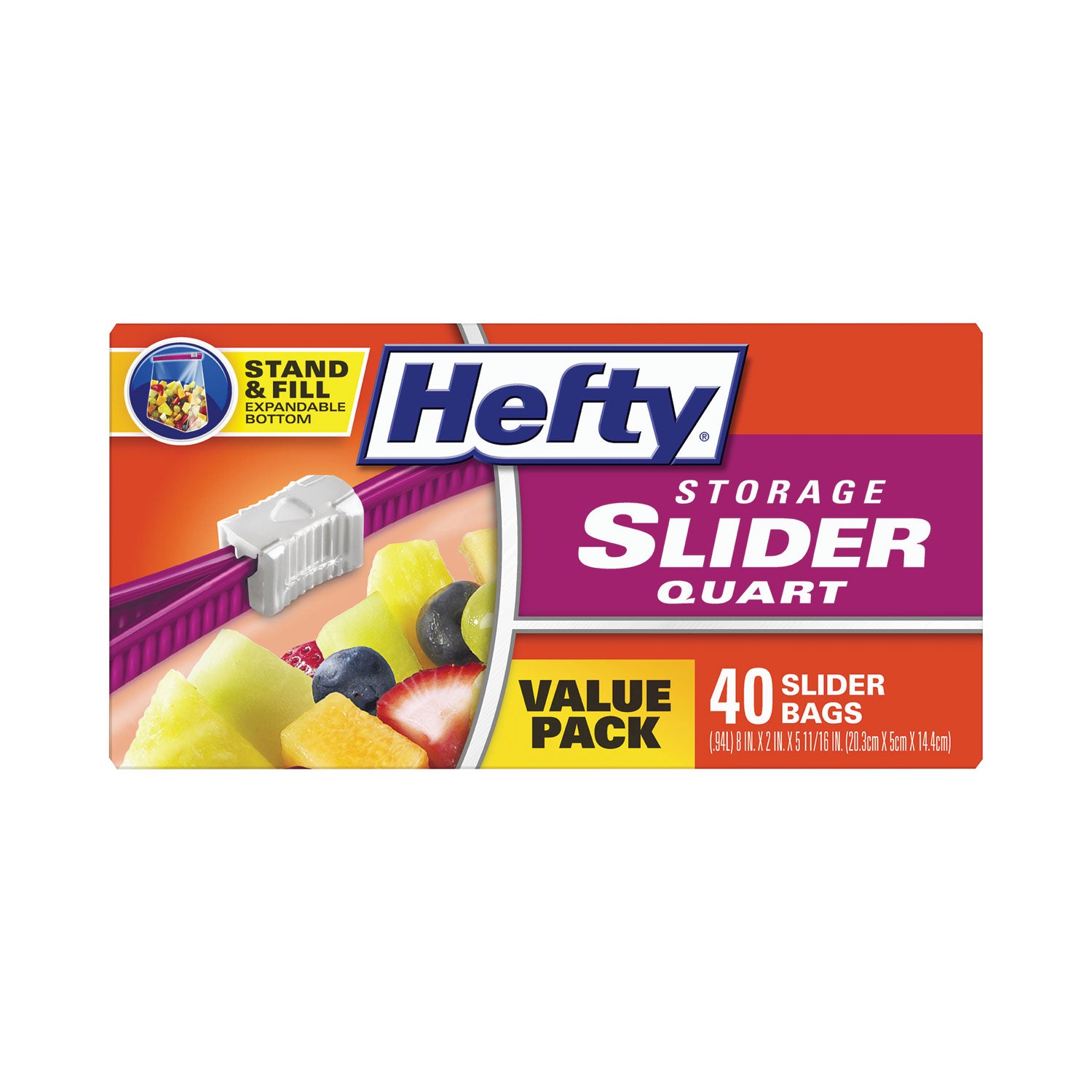 Hefty® Slider Stand and Fill Food Storage Bags, Quart, 8" x 7", Clear, 40 Bags/Box, 9 Boxes/Carton