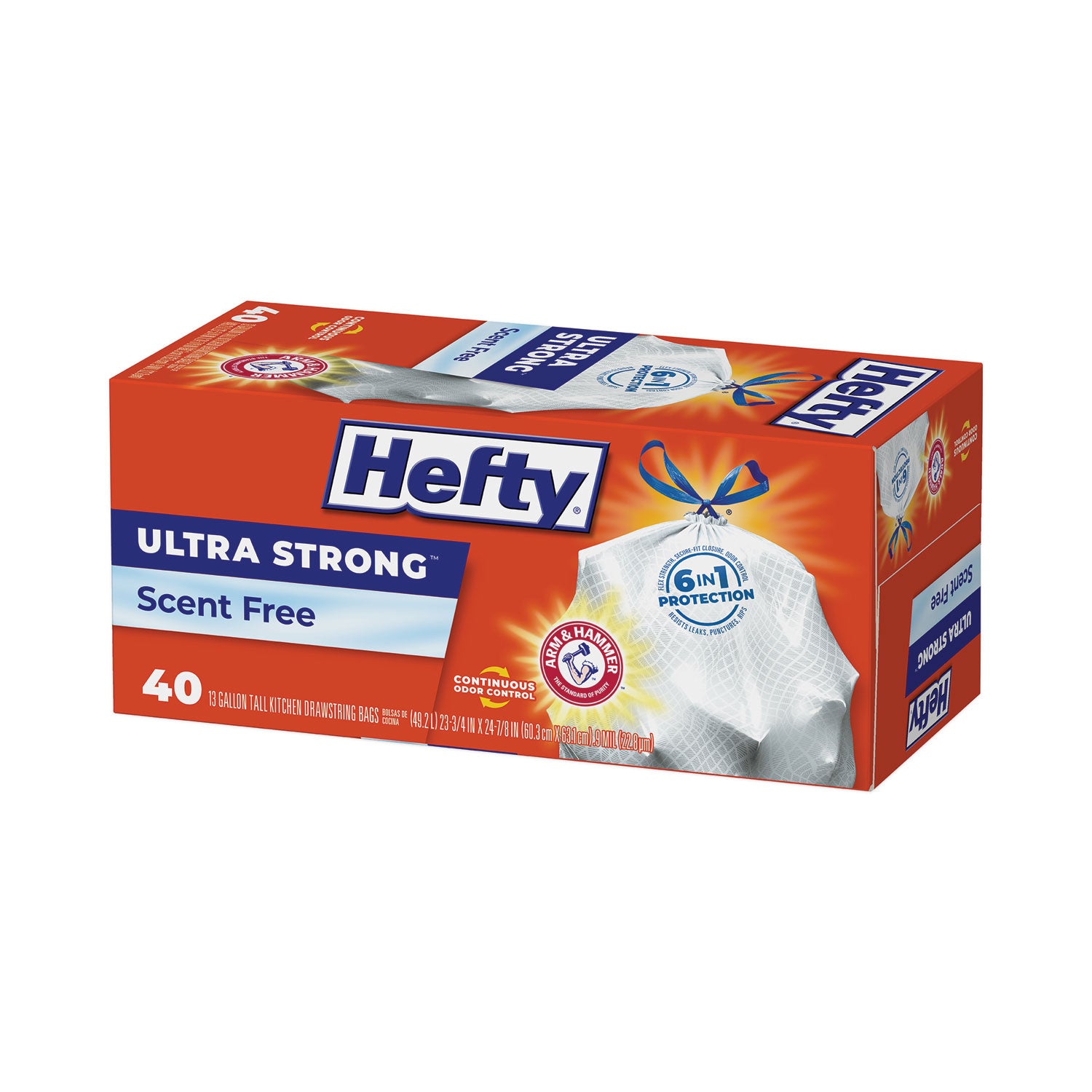 Hefty® Extra Heavy-Duty Ultra Strong Tall Kitchen Trash Bags, Drawstring, 13 gal, 23.75" x 24.88", White, 40 Bags/Box, 6 Boxes/CT