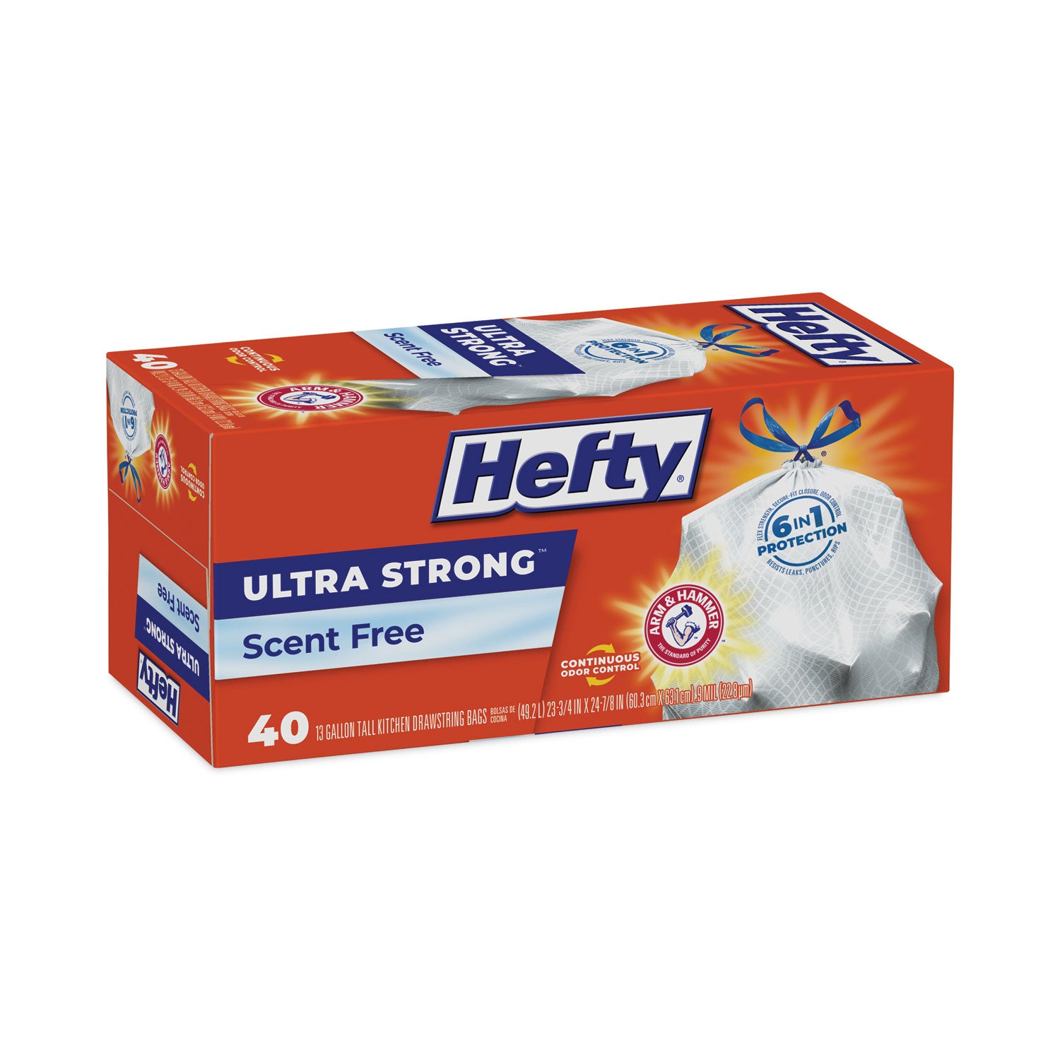 Hefty® Extra Heavy-Duty Ultra Strong Tall Kitchen Trash Bags, Drawstring, 13 gal, 23.75" x 24.88", White, 40 Bags/Box, 6 Boxes/CT