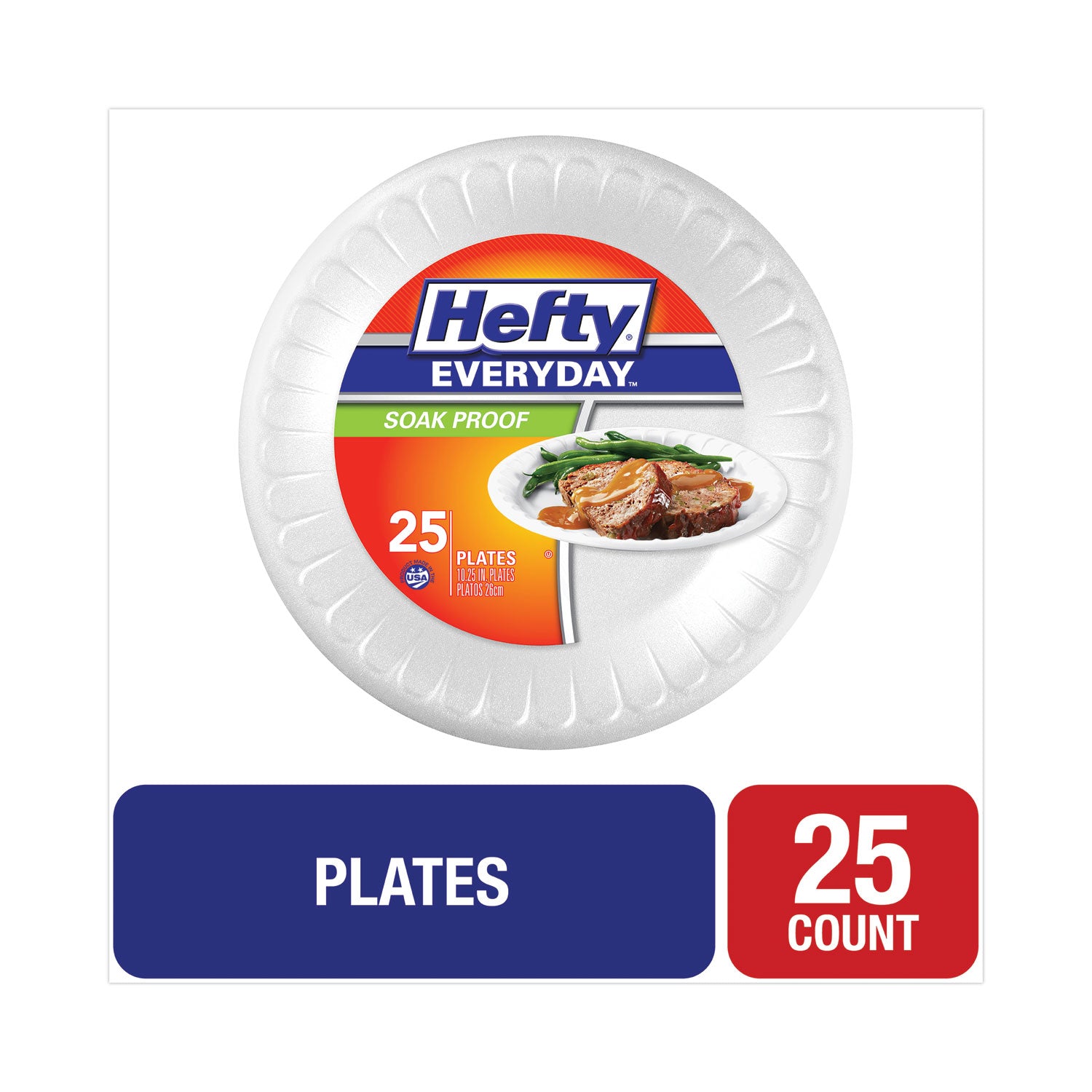 Hefty® Soak Proof Tableware, Foam Plates, 10.25" dia, White, 25/Pack 10 Packs/Carton