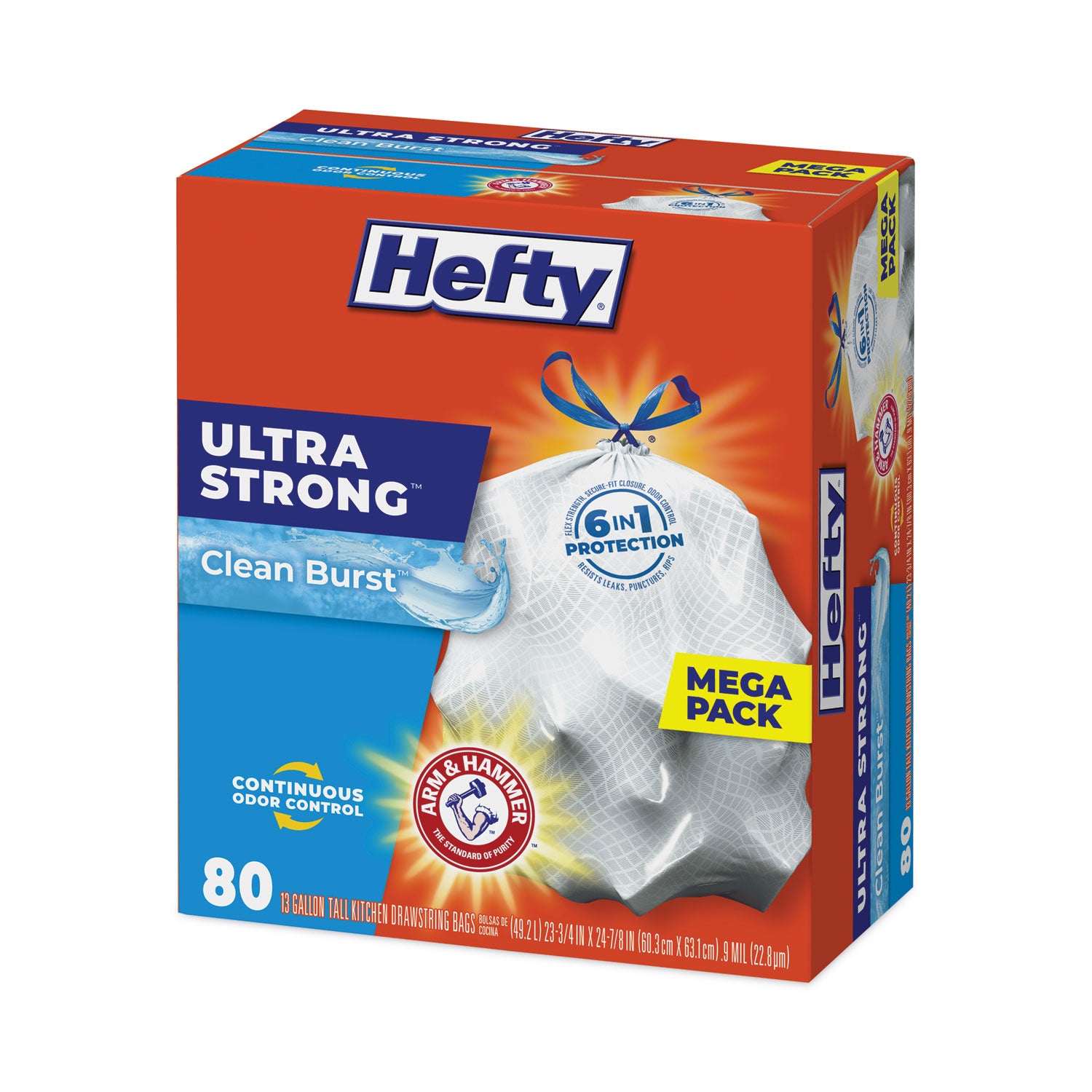 Hefty® Extra Heavy-Duty Ultra Strong Scented Tall Kitchen Bags, Drawstring, 13 gal, Clean Burst, 23.75" x 24.88", White, 80/Box