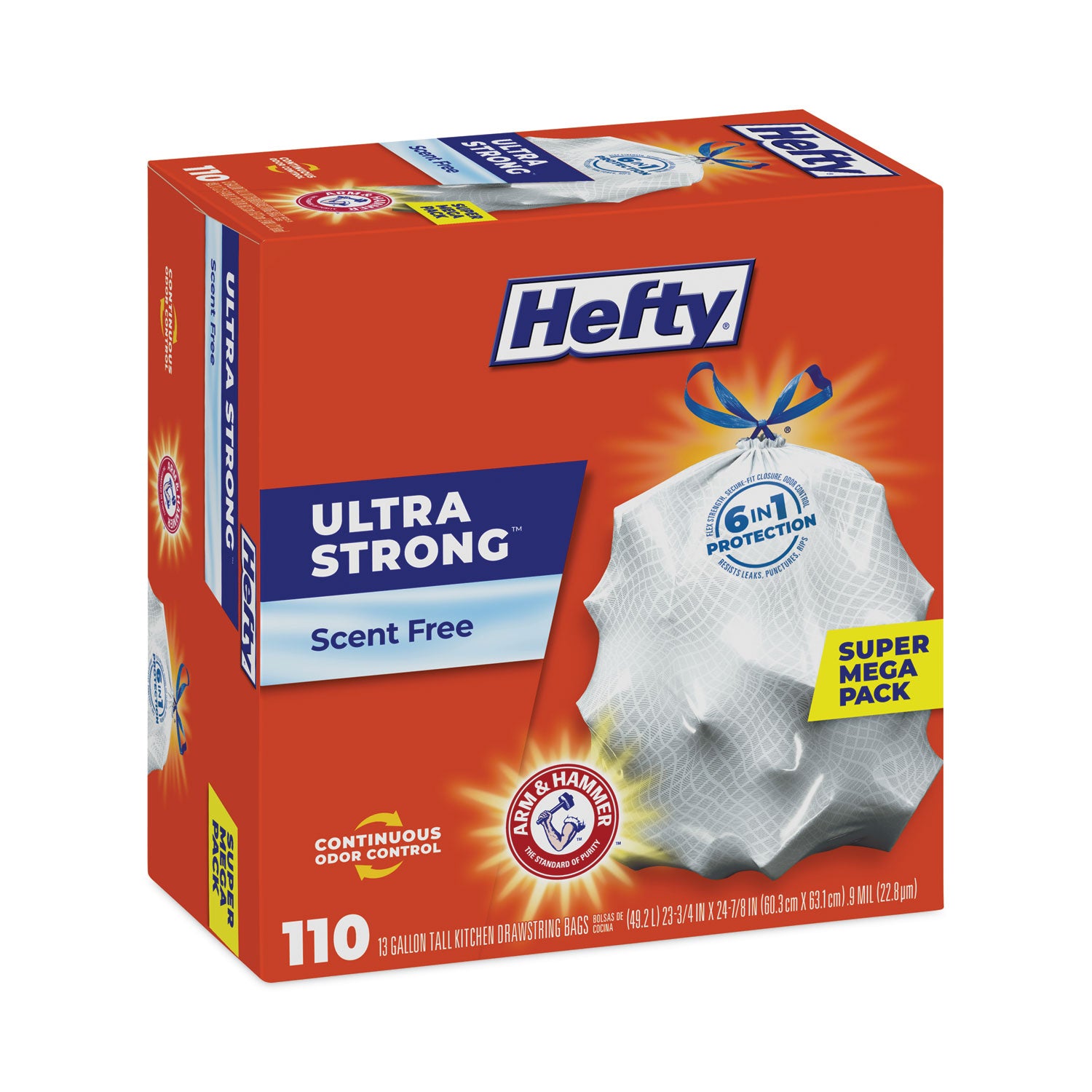 Hefty® Ultra Strong Tall Kitchen Trash Bags, Drawstring, 13 gal, 23.75" x 24.88", White, 110/Box