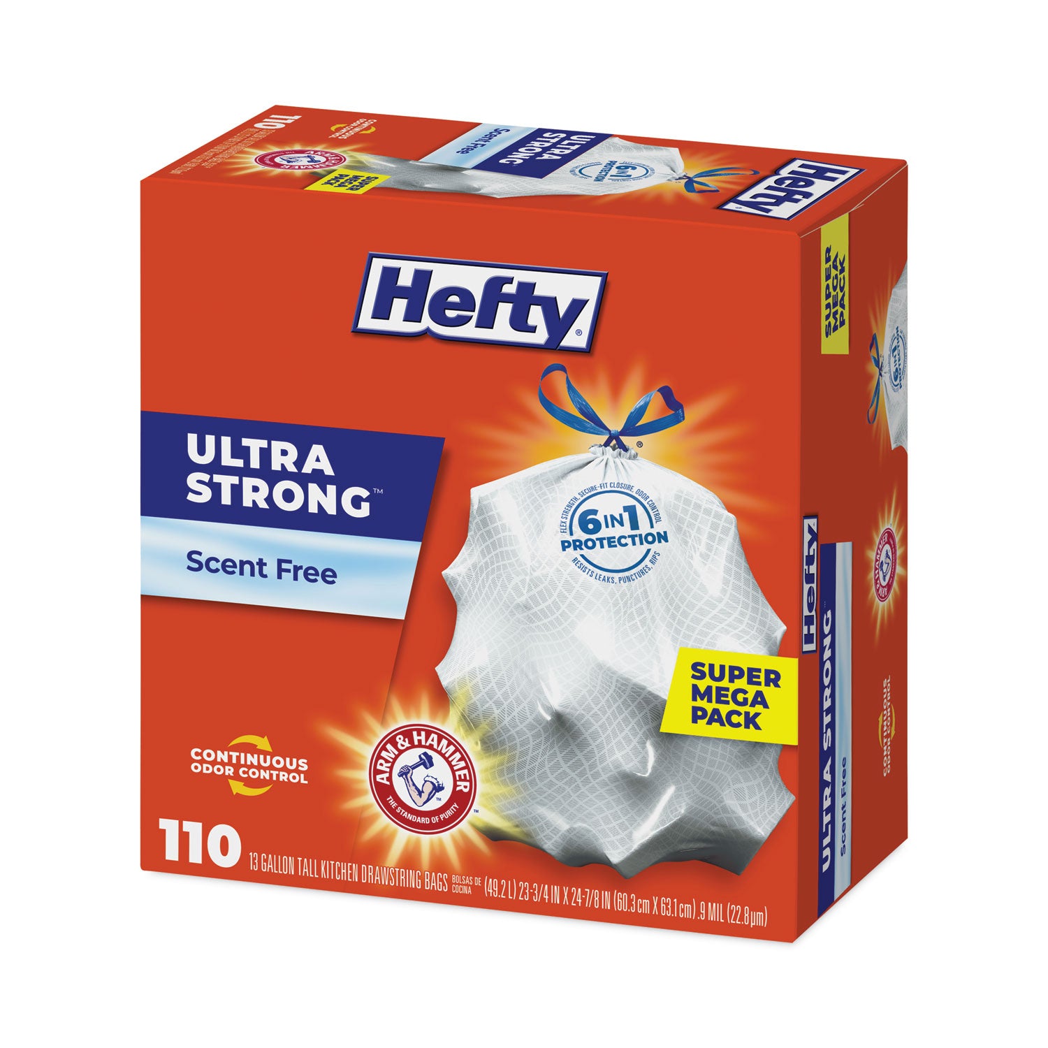 Hefty® Ultra Strong Tall Kitchen Trash Bags, Drawstring, 13 gal, 23.75" x 24.88", White, 110 Bags/Box, 3 Boxes/Carton