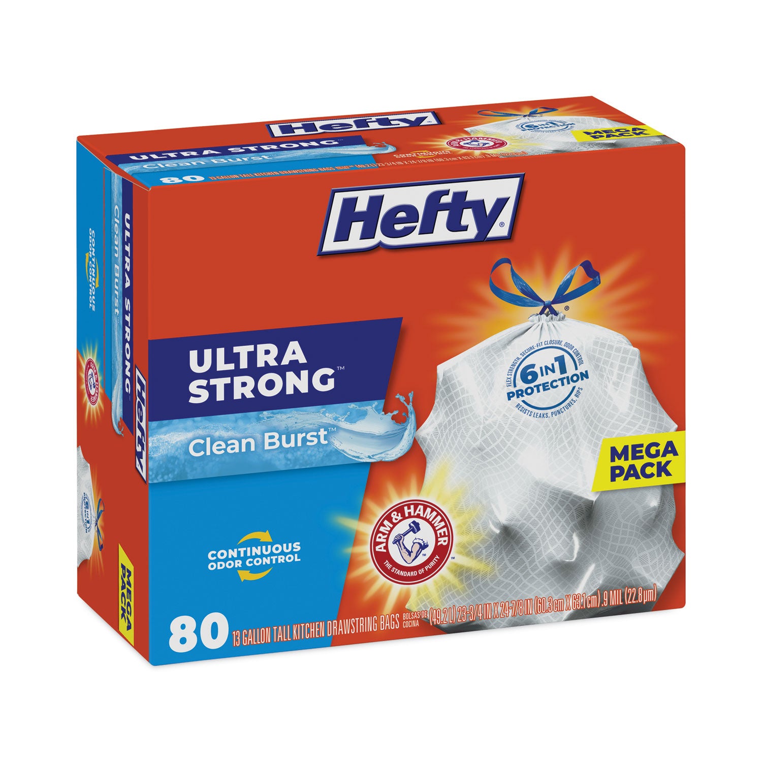 Hefty® Ultra Strong Scented Tall Kitchen Bags, Drawstring, 13 gal, Clean Burst, 24.75" x 24.88", White, 80 Bags/Box, 3 Boxes/Carton