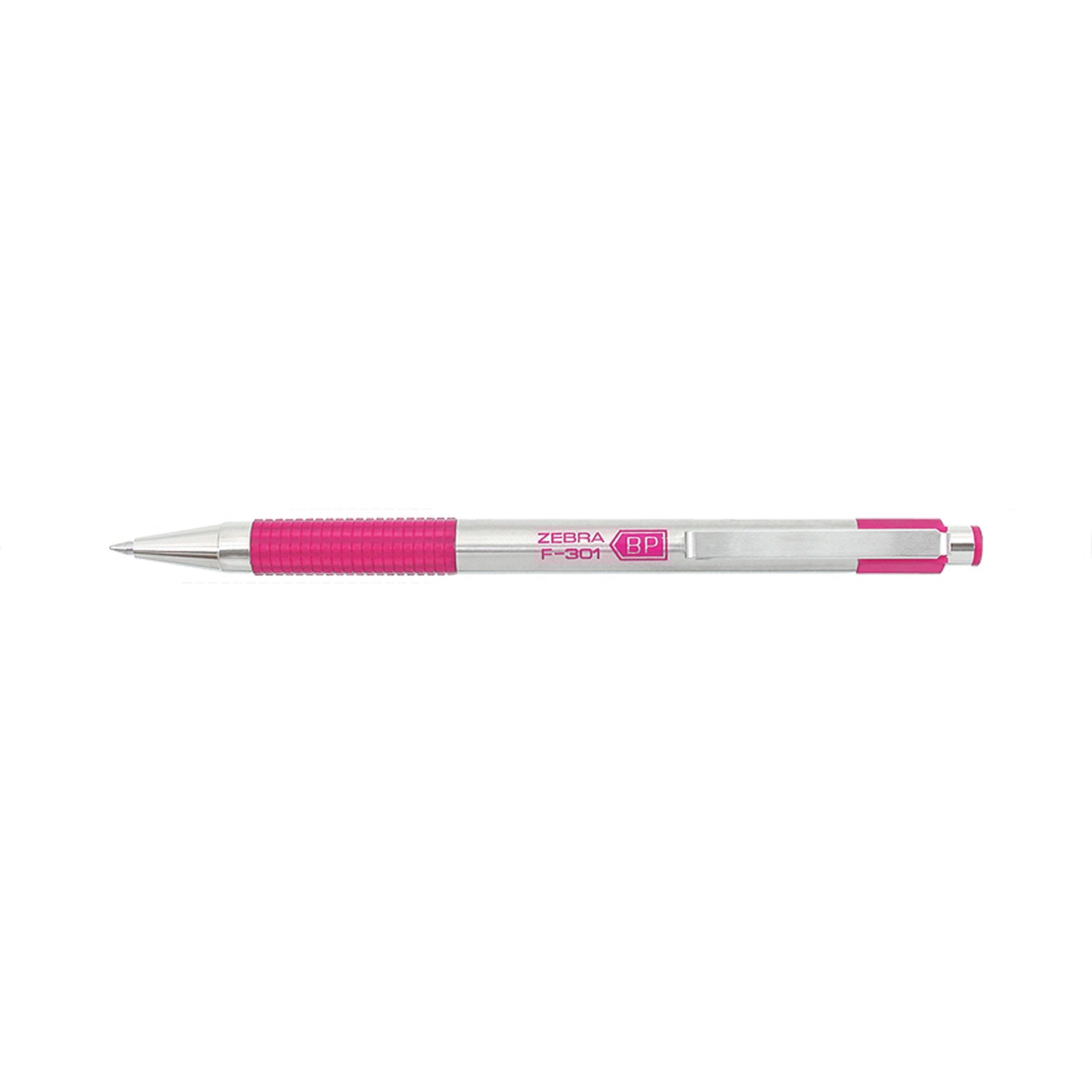 Zebra® F-301 Ballpoint Pen, Retractable, Fine 0.7 mm, Black Ink, Stainless Steel/Pink Barrel