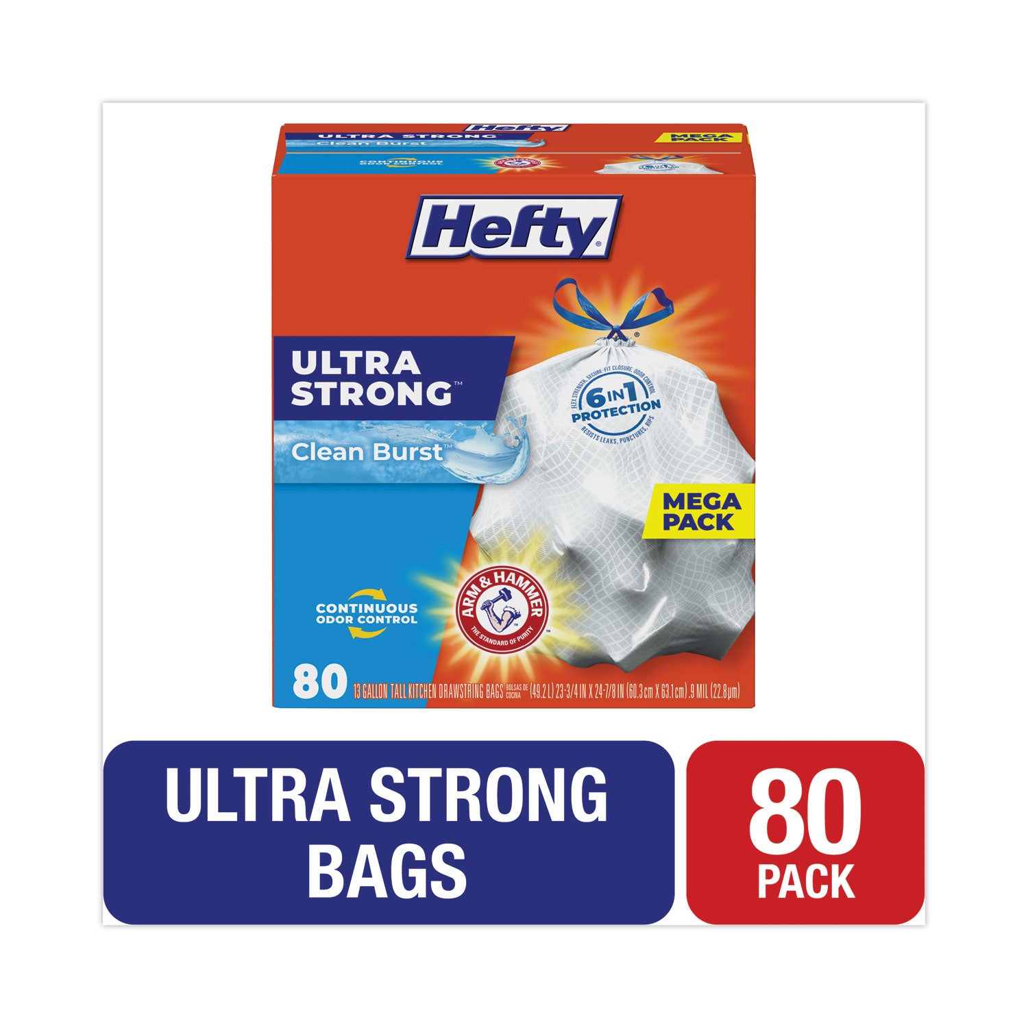 Extra Heavy-Duty Ultra Strong Scented Tall Kitchen Bags, Drawstring, 13 gal, Clean Burst, 23.75" x 24.88", White, 80/Box