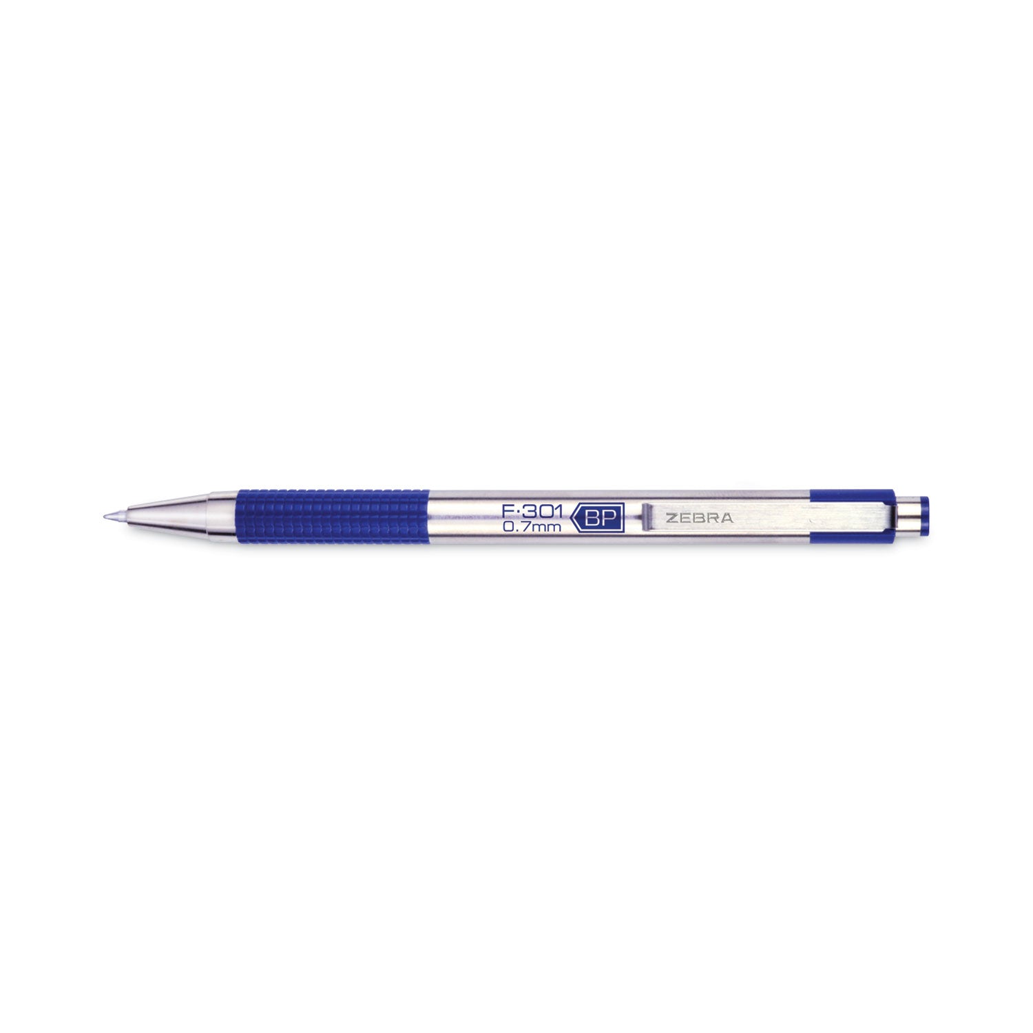 Zebra® F-301 Ballpoint Pen, Retractable, Fine 0.7 mm, Blue Ink, Stainless Steel/Blue Barrel