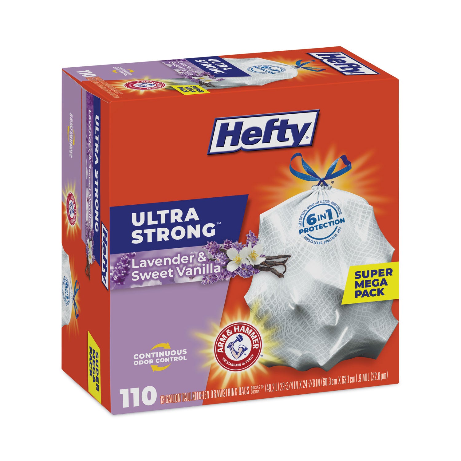 Hefty® Extra Heavy-Duty Ultra Strong Scented Tall Kitchen Bags, Drawstring, 13 gal, Lavender/Vanilla, 23.75 x 24.88, White, 110/Box