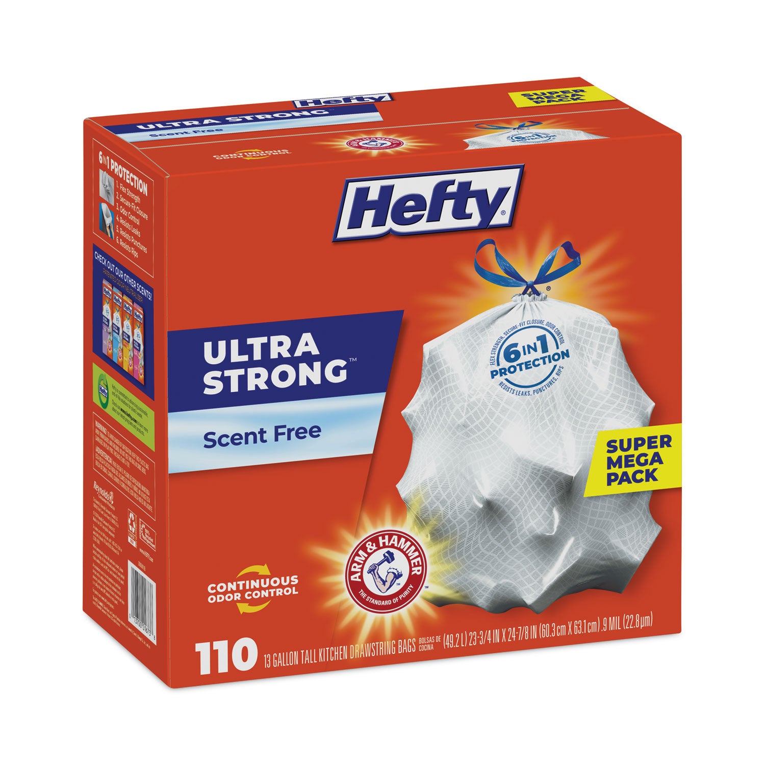 Hefty® Ultra Strong Tall Kitchen Trash Bags, Drawstring, 13 gal, 23.75" x 24.88", White, 110 Bags/Box, 3 Boxes/Carton