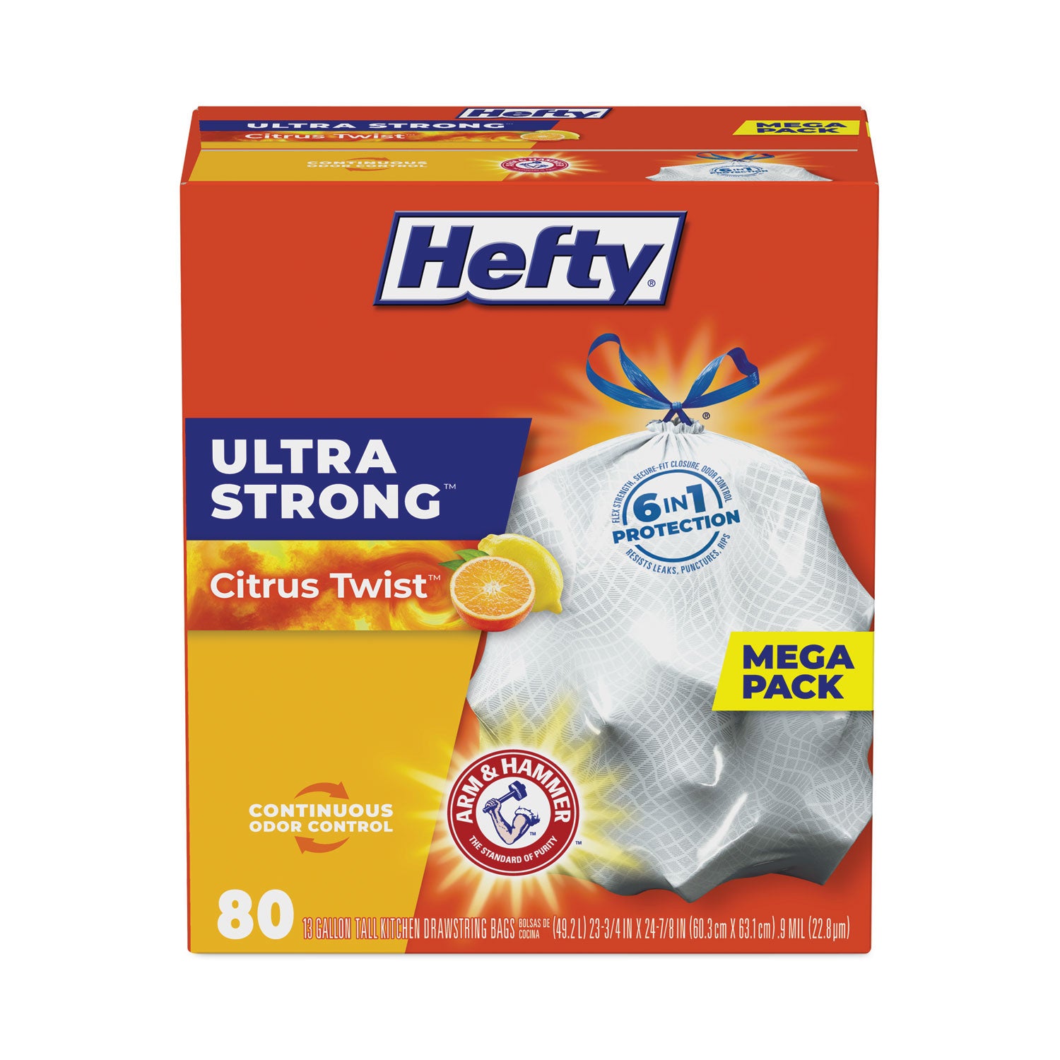 Hefty® Extra Heavy-Duty Ultra Strong Scented Tall Kitchen Bags, Drawstring, 13 gal, Citrus Twist, 23.75" x 24.88", White, 80/Box