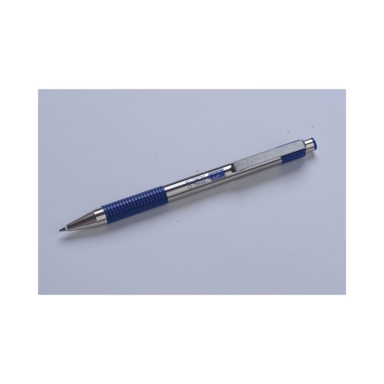 Zebra® F-301 Ballpoint Pen, Retractable, Fine 0.7 mm, Blue Ink, Stainless Steel/Blue Barrel