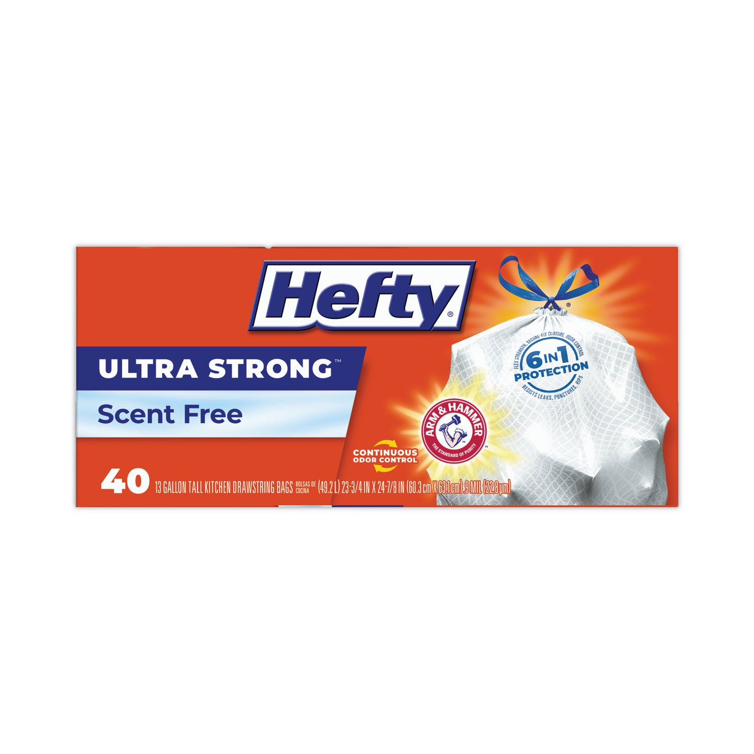 Hefty® Extra Heavy-Duty Ultra Strong Tall Kitchen Trash Bags, Drawstring, 13 gal, 23.75" x 24.88", White, 40 Bags/Box, 6 Boxes/CT