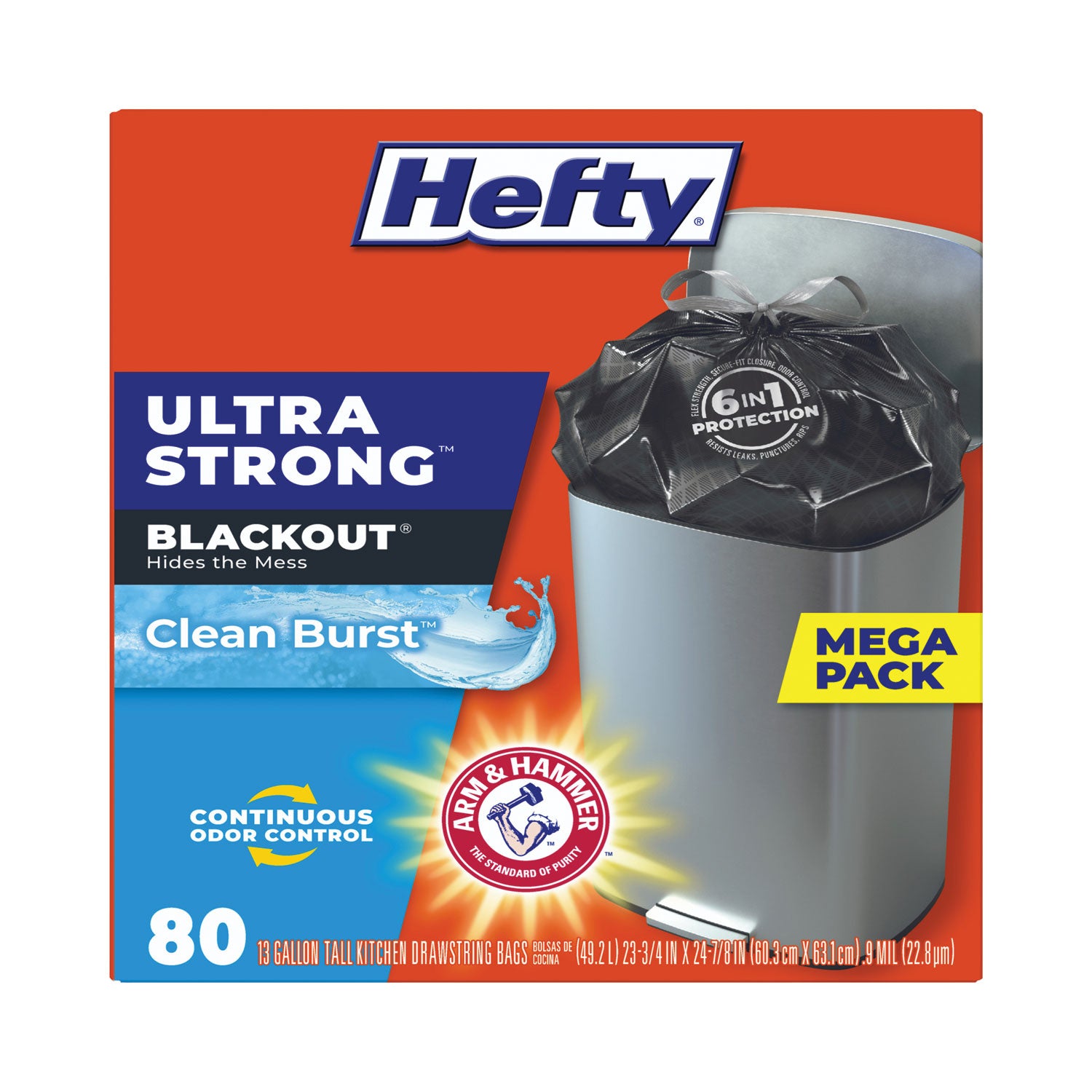 Hefty® Ultra Strong BlackOut Tall-Kitchen Drawstring Bags, 13 gal, 23.75" x 24.88", Black, 80 Bags/Box, 3 Boxes/Carton