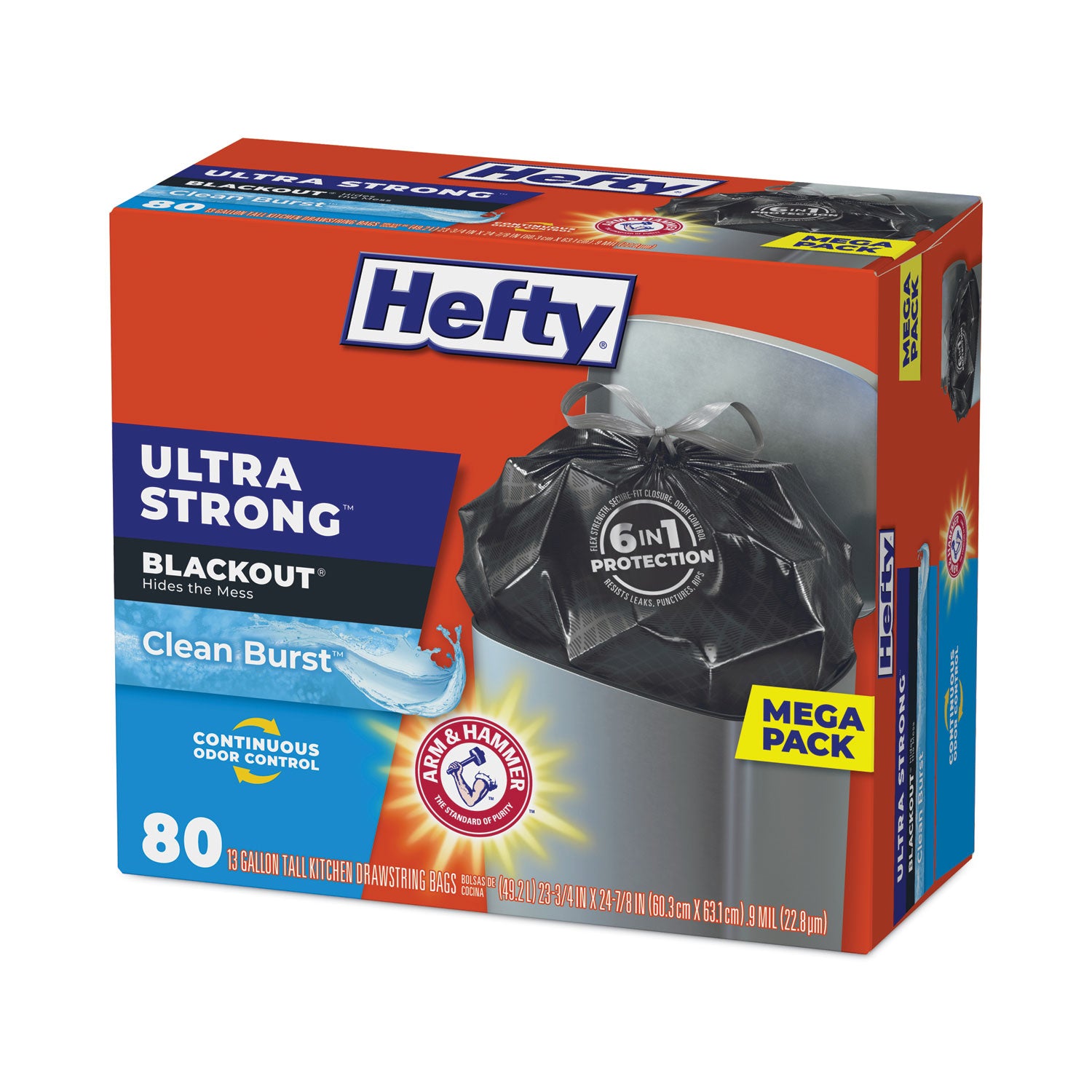 Hefty® Ultra Strong BlackOut Tall-Kitchen Drawstring Bags, 13 gal, 23.75" x 24.88", Black, 80 Bags/Box, 3 Boxes/Carton