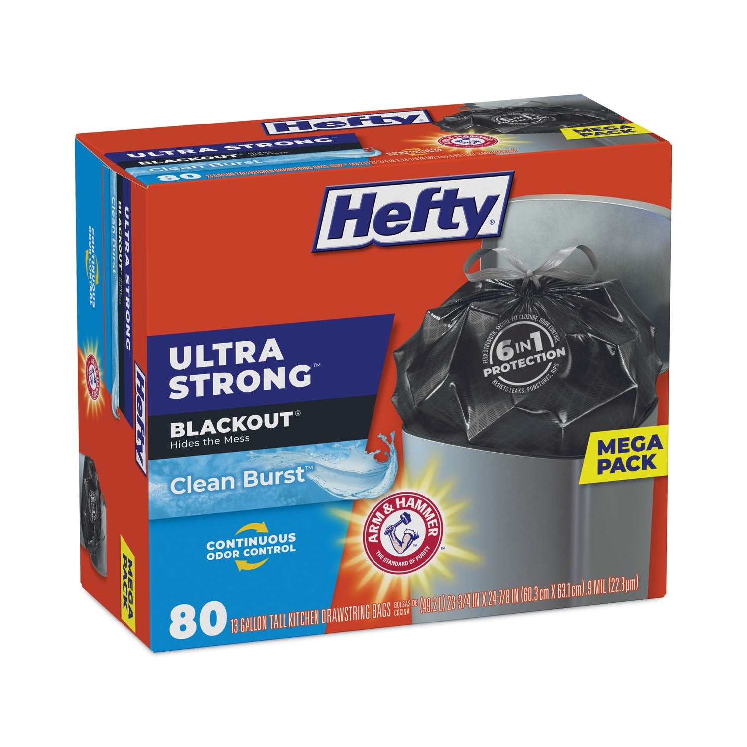 Hefty® Ultra Strong BlackOut Tall-Kitchen Drawstring Bags, 13 gal, 23.75" x 24.88", Black, 80 Bags/Box, 3 Boxes/Carton