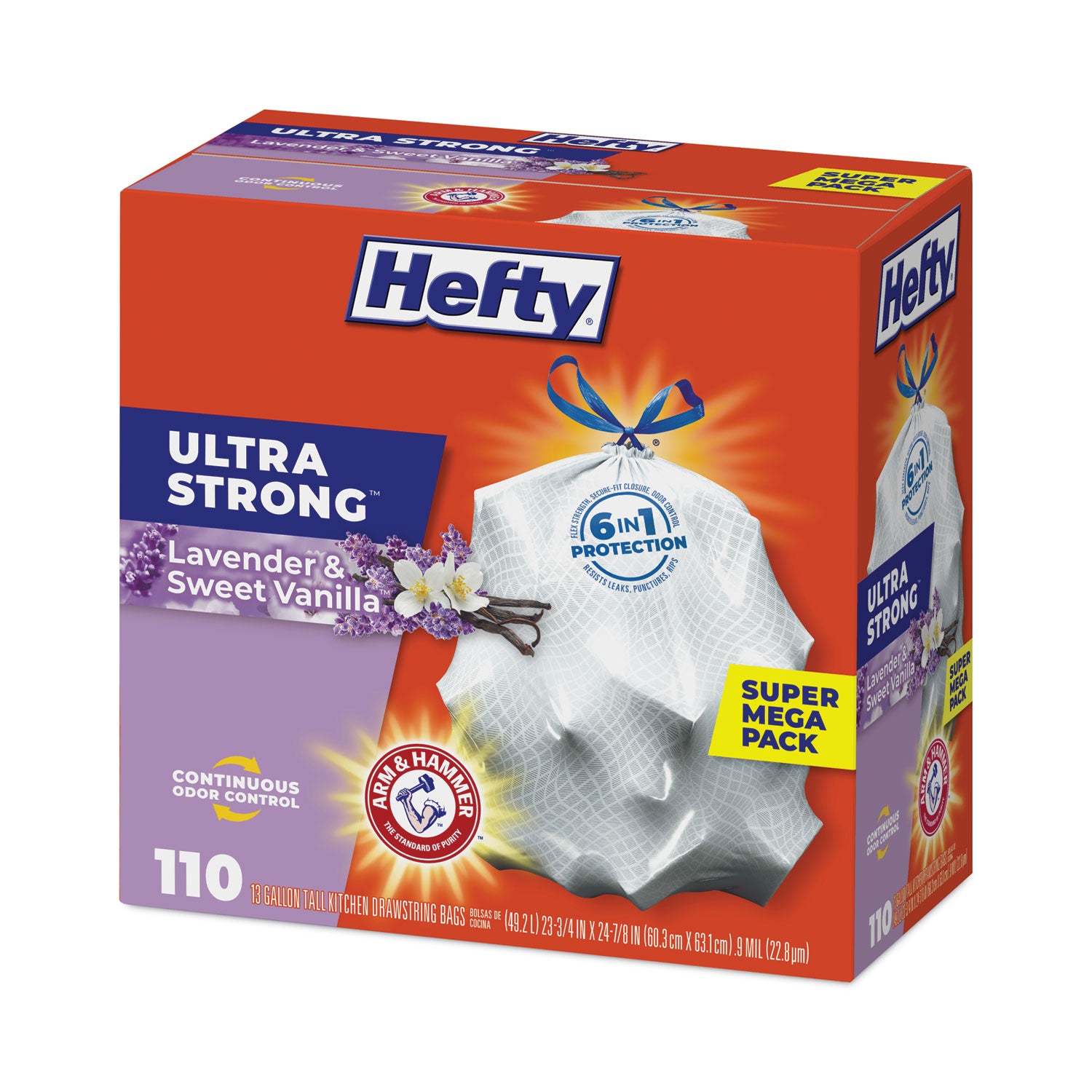 Hefty® Ultra Strong Scented Tall Kitchen Bags, Drawstring, 13 gal, Lavender/Vanilla, 23.75" x 24.88", White, 110/Box, 3 Boxes/Carton