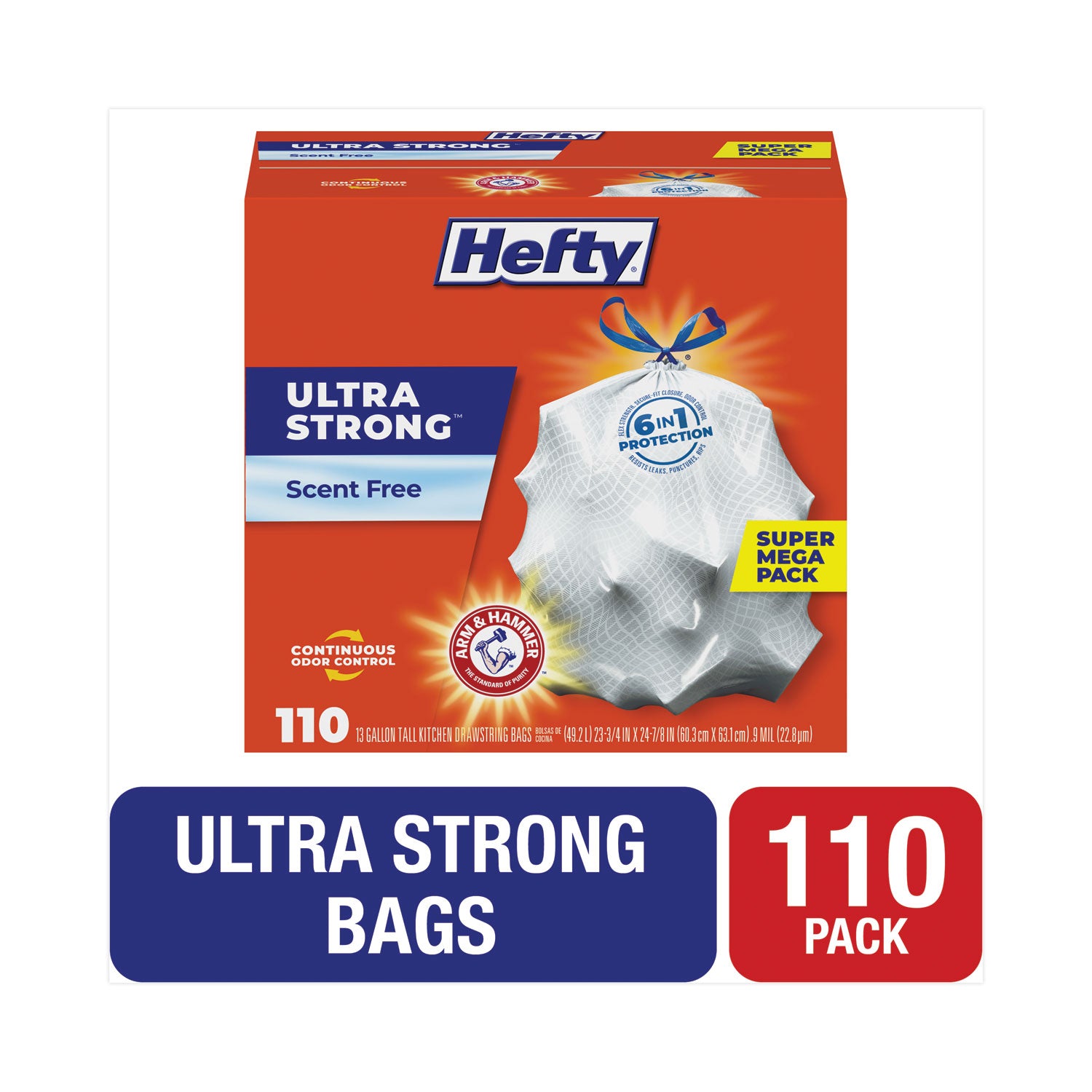 Ultra Strong Tall Kitchen Trash Bags, Drawstring, 13 gal, 23.75" x 24.88", White, 110/Box