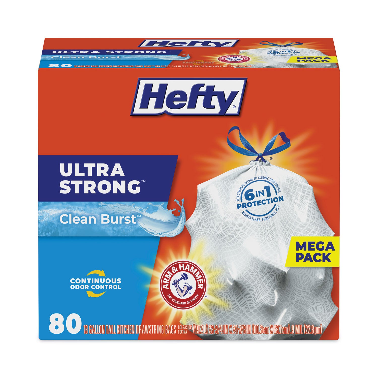 Hefty® Ultra Strong Scented Tall Kitchen Bags, Drawstring, 13 gal, Clean Burst, 24.75" x 24.88", White, 80 Bags/Box, 3 Boxes/Carton