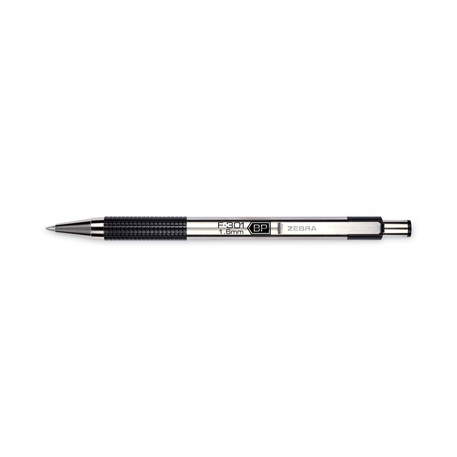 Zebra® F-301 Ballpoint Pen, Retractable, Bold 1.6 mm, Black Ink, Stainless Steel/Black Barrel, 2/Pack