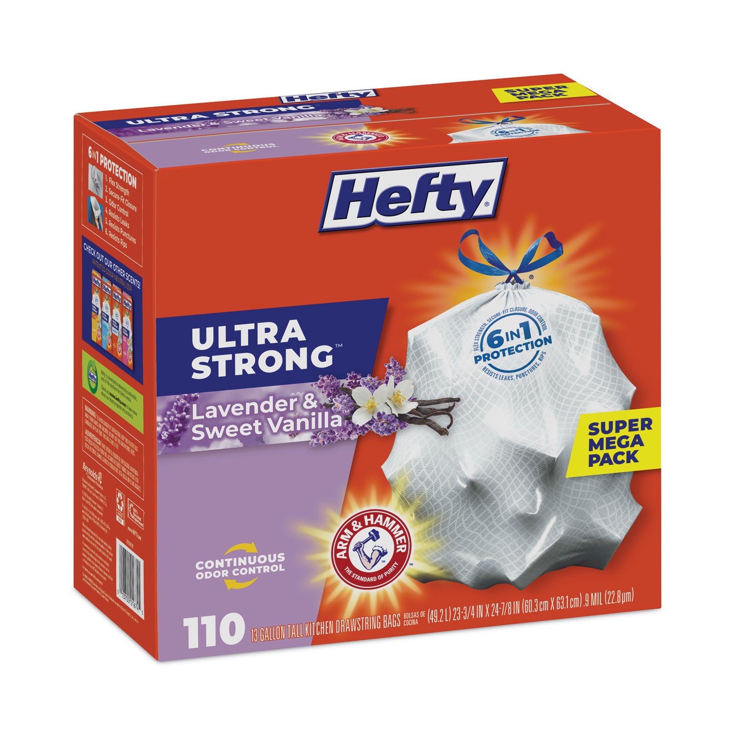 Hefty® Ultra Strong Scented Tall Kitchen Bags, Drawstring, 13 gal, Lavender/Vanilla, 23.75" x 24.88", White, 110/Box, 3 Boxes/Carton