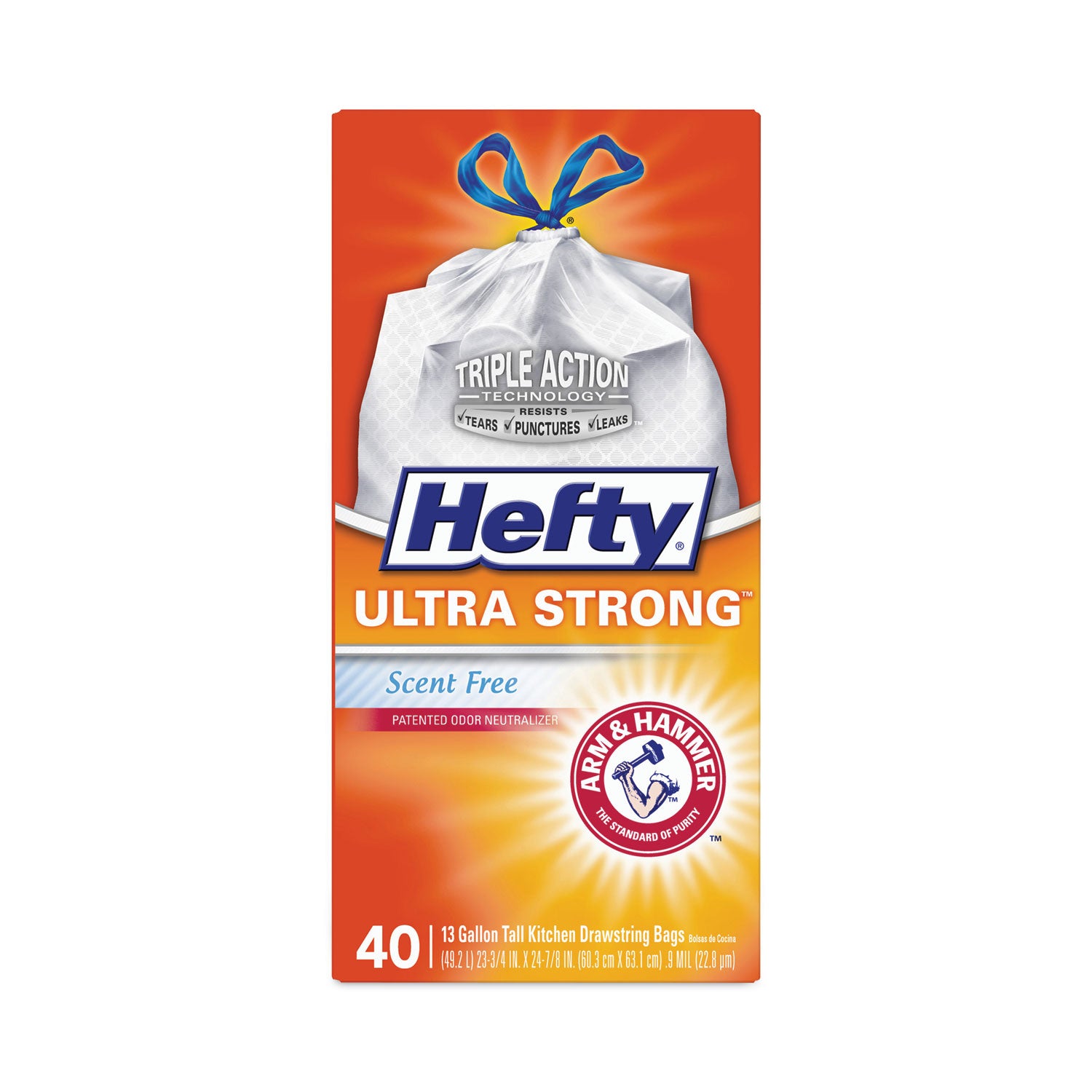 Hefty® Extra Heavy-Duty Ultra Strong Tall Kitchen Trash Bags, Drawstring, 13 gal, 23.75" x 24.88", White, 40/Box