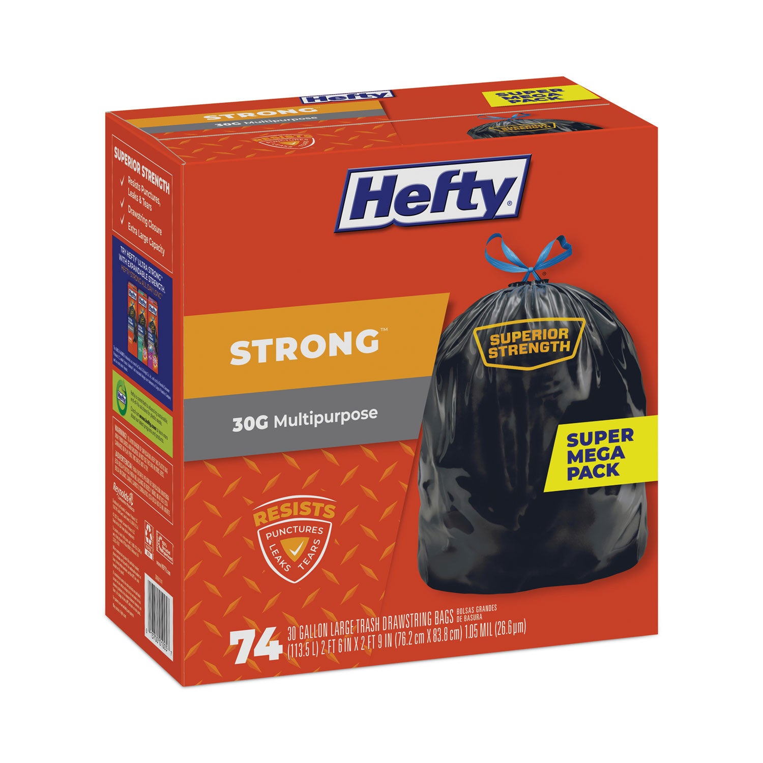 Hefty® Strong Multipurpose Drawstring Trash Bags, 30 gal, 1.1 mil, 30" x 33", Black, 74/Box