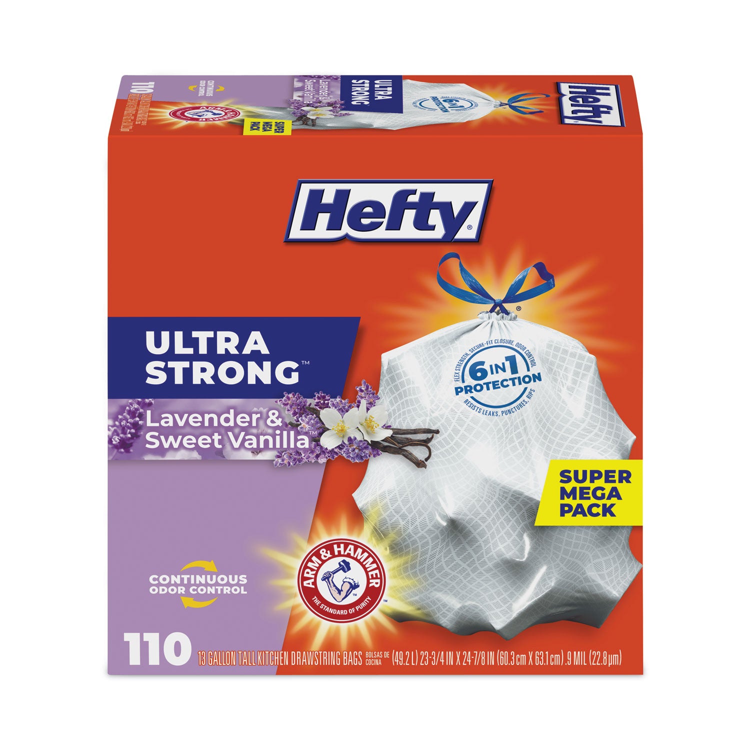 Hefty® Extra Heavy-Duty Ultra Strong Scented Tall Kitchen Bags, Drawstring, 13 gal, Lavender/Vanilla, 23.75 x 24.88, White, 110/Box