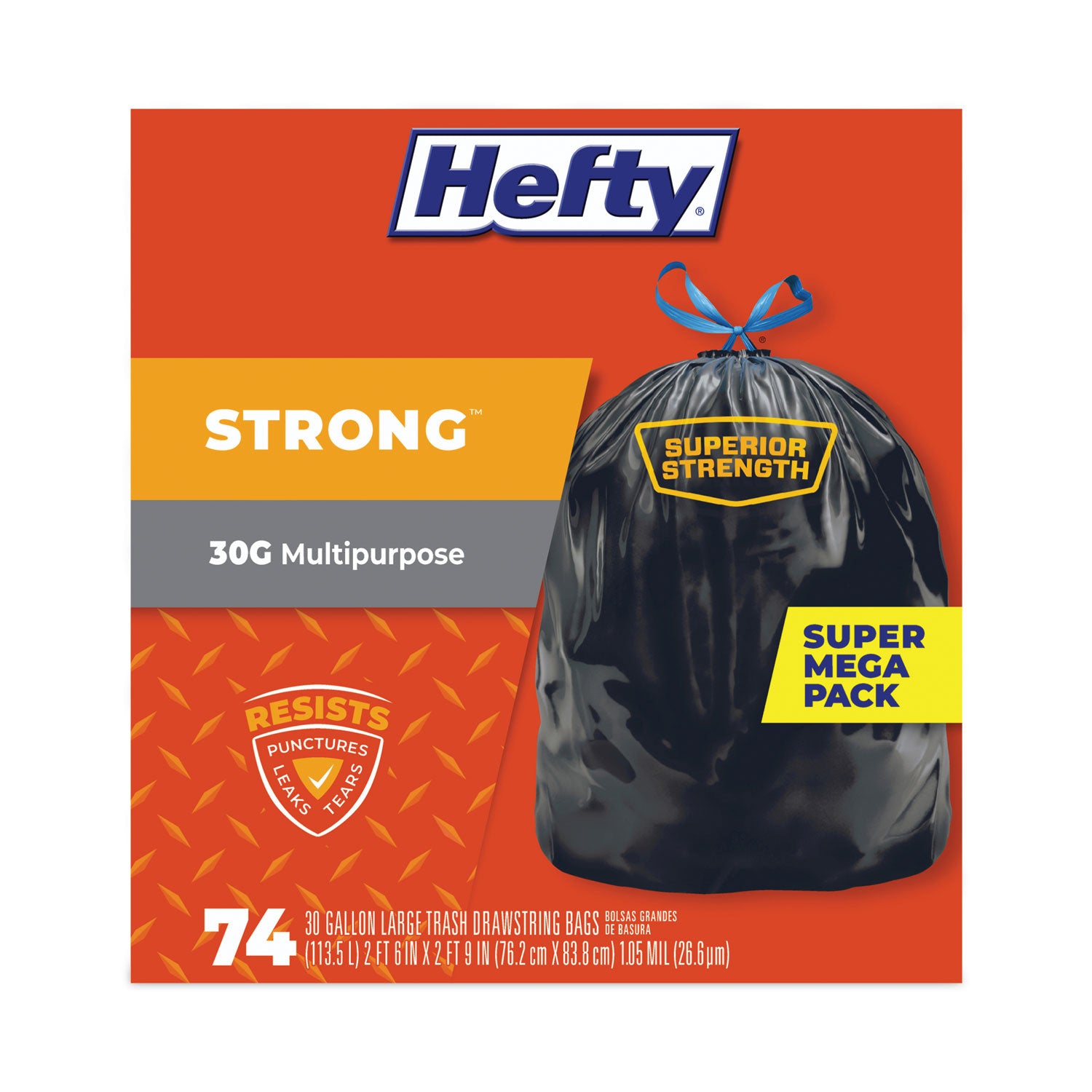 Hefty® Strong Multipurpose Drawstring Trash Bags, 30 gal, 1.1 mil, 30" x 33", Black, 74 Bags/Box, 3 Boxes/Carton