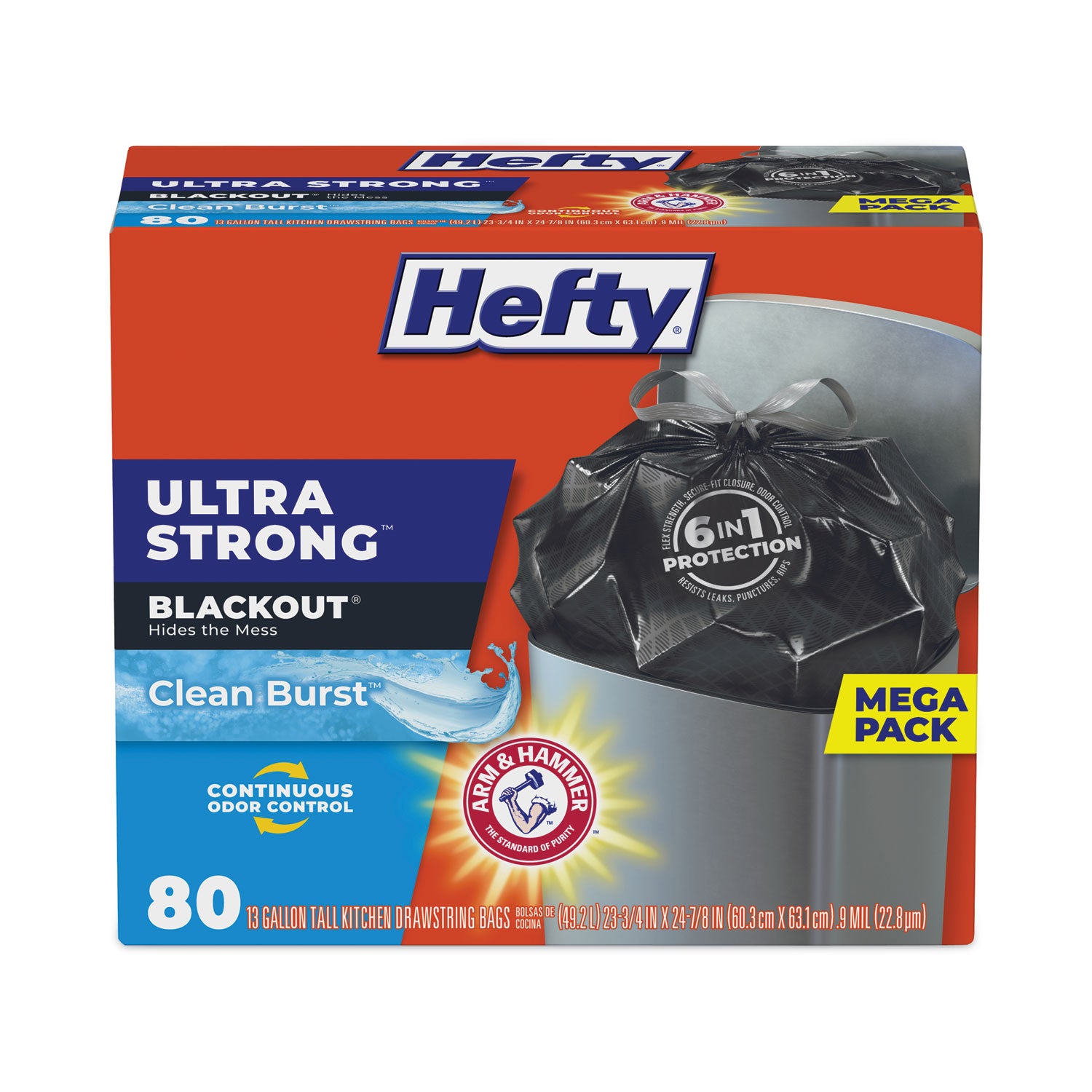 Hefty® Ultra Strong BlackOut Tall-Kitchen Drawstring Bags, 13 gal, 23.75" x 24.88", Black, 80 Bags/Box, 3 Boxes/Carton