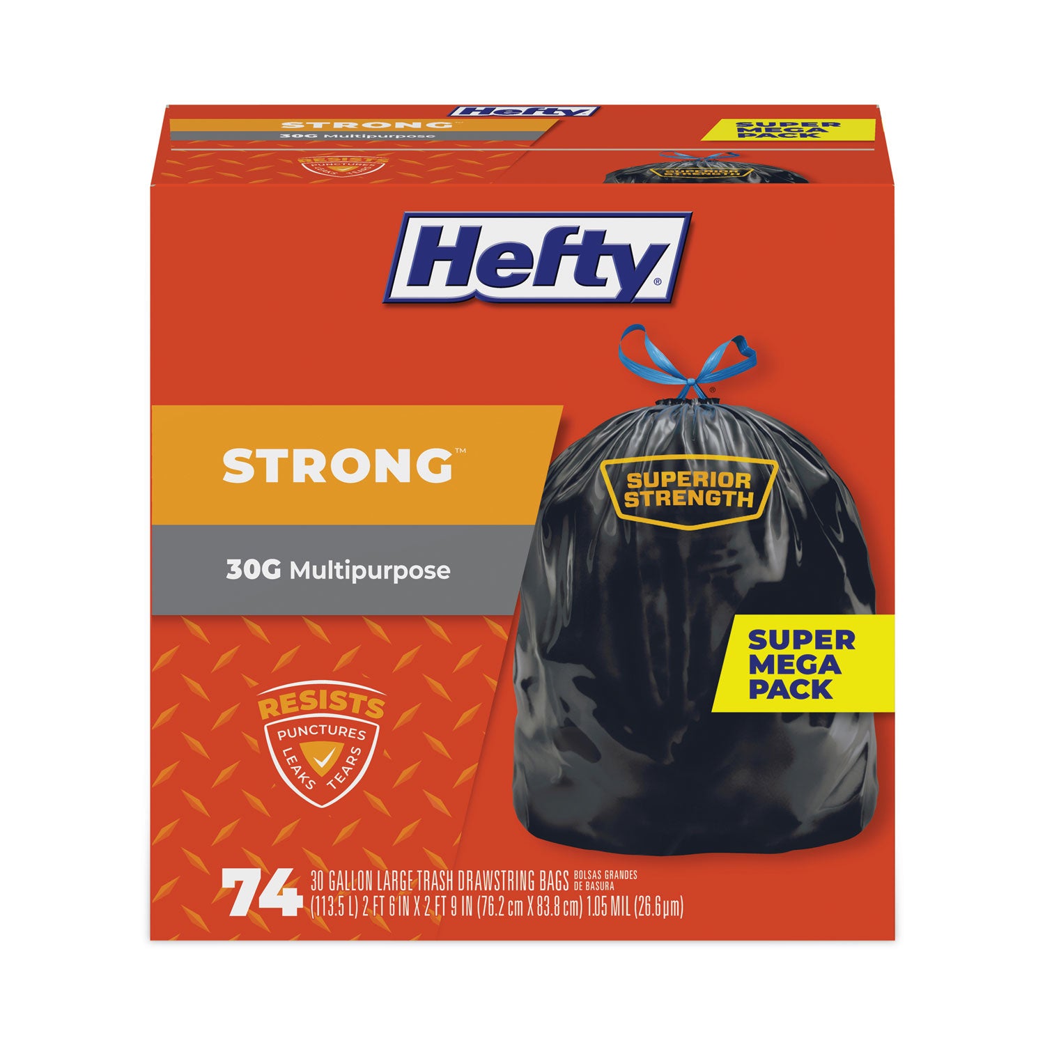 Hefty® Strong Multipurpose Drawstring Trash Bags, 30 gal, 1.1 mil, 30" x 33", Black, 74 Bags/Box, 3 Boxes/Carton