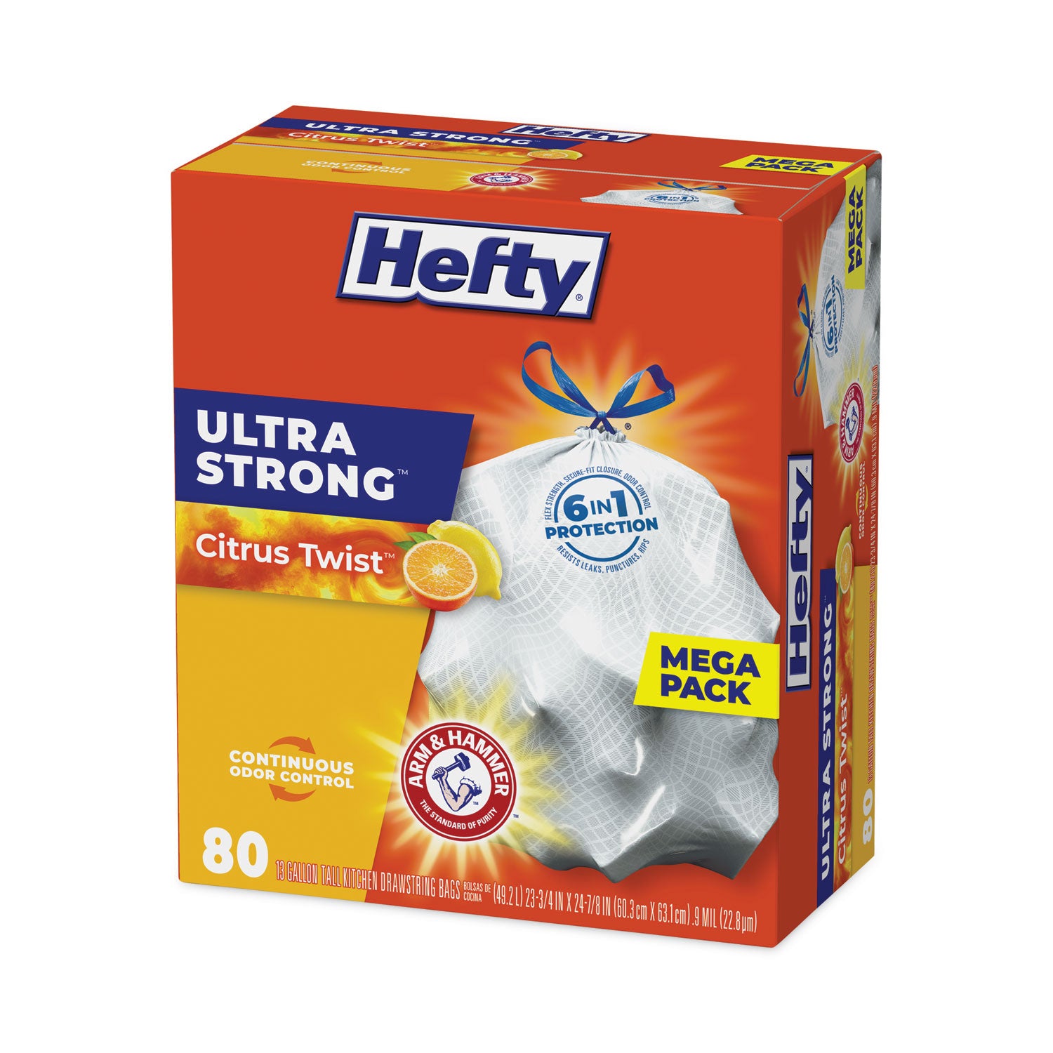 Hefty® Extra Heavy-Duty Ultra Strong Scented Tall Kitchen Bags, Drawstring, 13 gal, Citrus Twist, 23.75" x 24.88", White, 80/Box