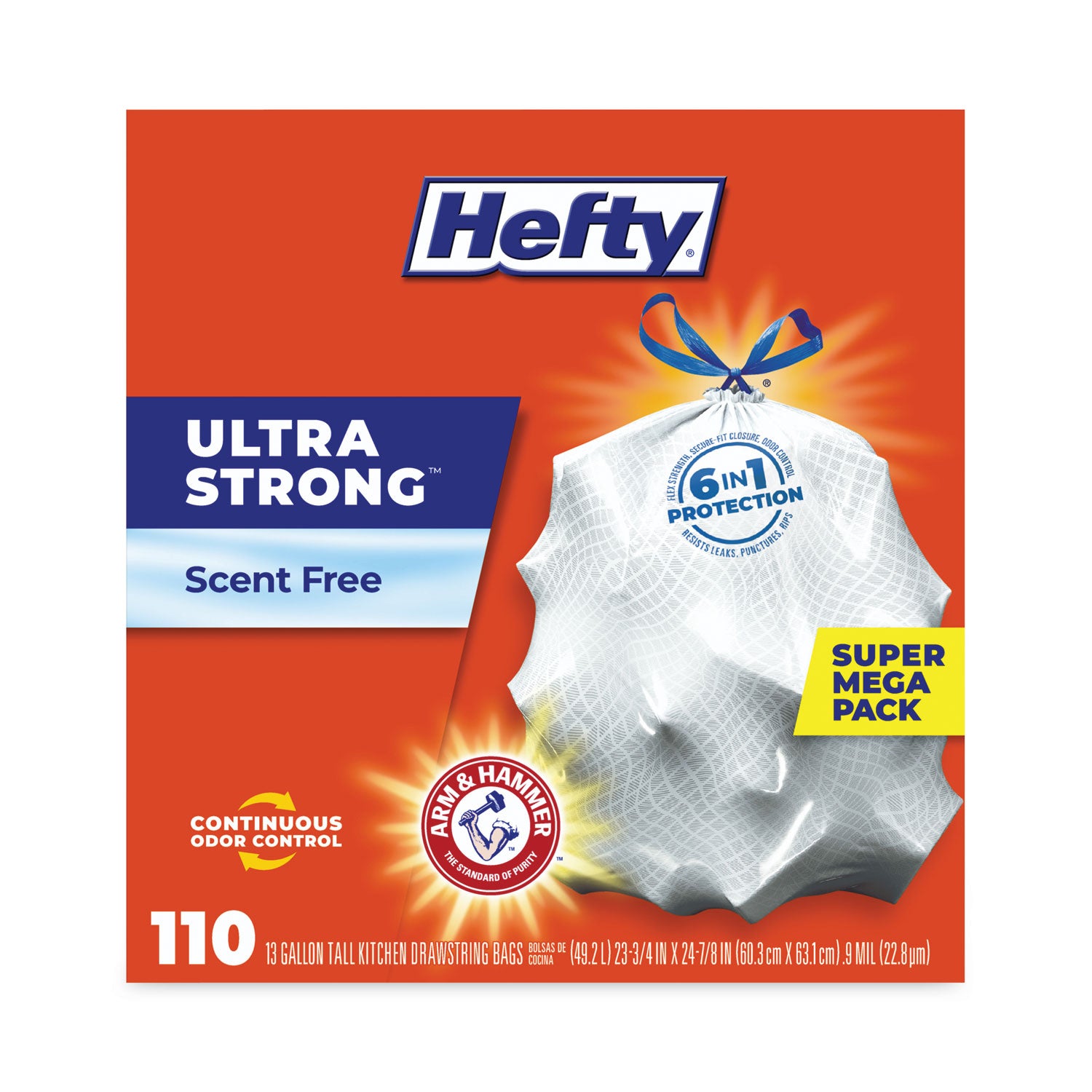 Hefty® Ultra Strong Tall Kitchen Trash Bags, Drawstring, 13 gal, 23.75" x 24.88", White, 110 Bags/Box, 3 Boxes/Carton