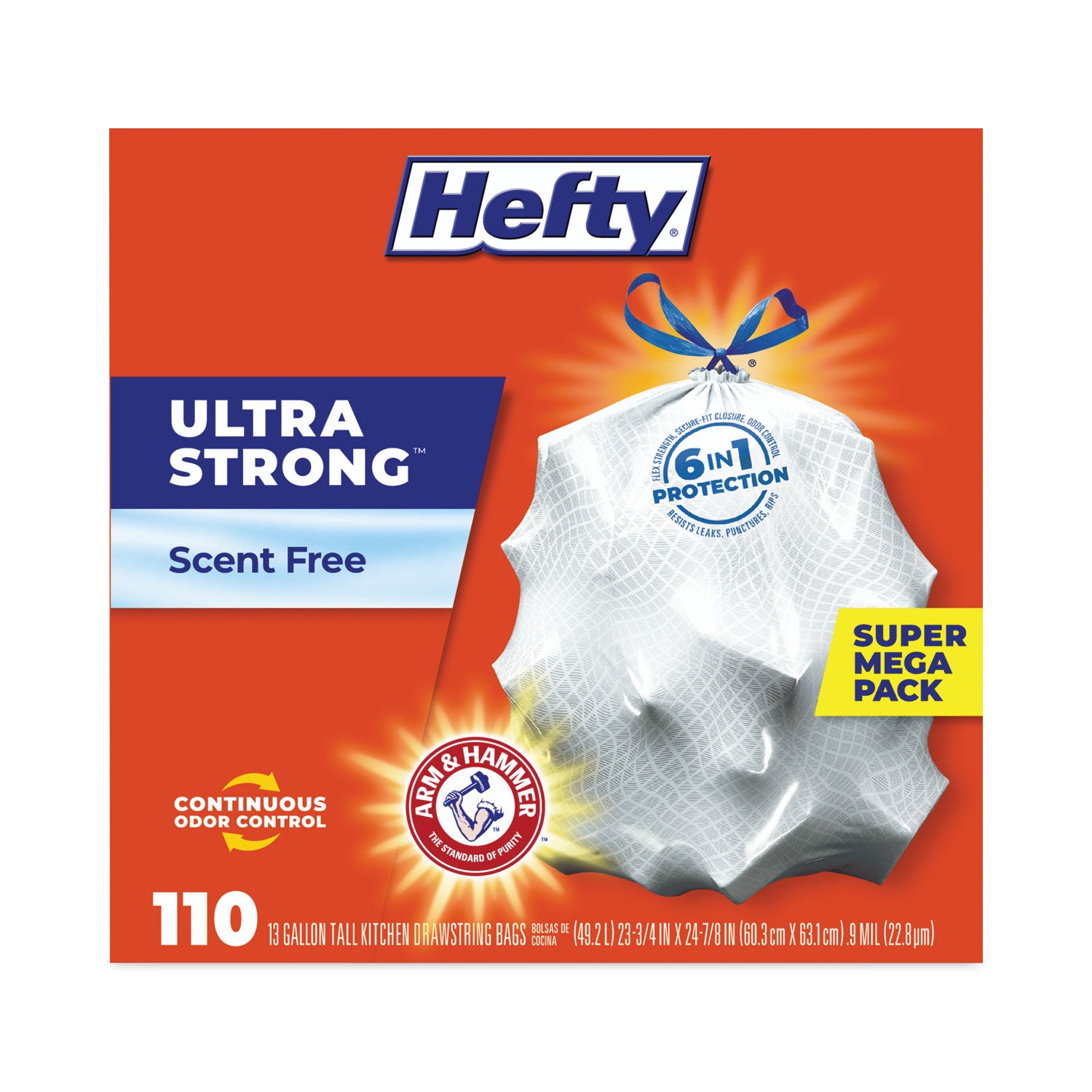 Hefty® Ultra Strong Tall Kitchen Trash Bags, Drawstring, 13 gal, 23.75" x 24.88", White, 110/Box