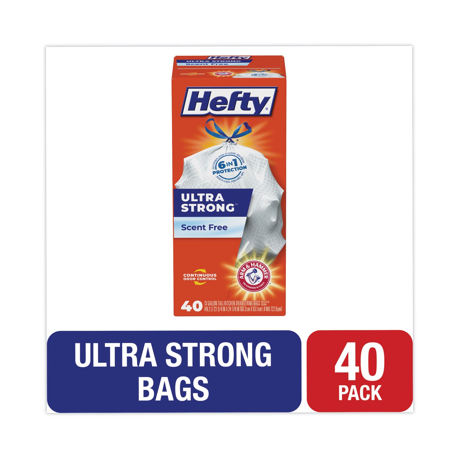 Extra Heavy-Duty Ultra Strong Tall Kitchen Trash Bags, Drawstring, 13 gal, 23.75" x 24.88", White, 40/Box