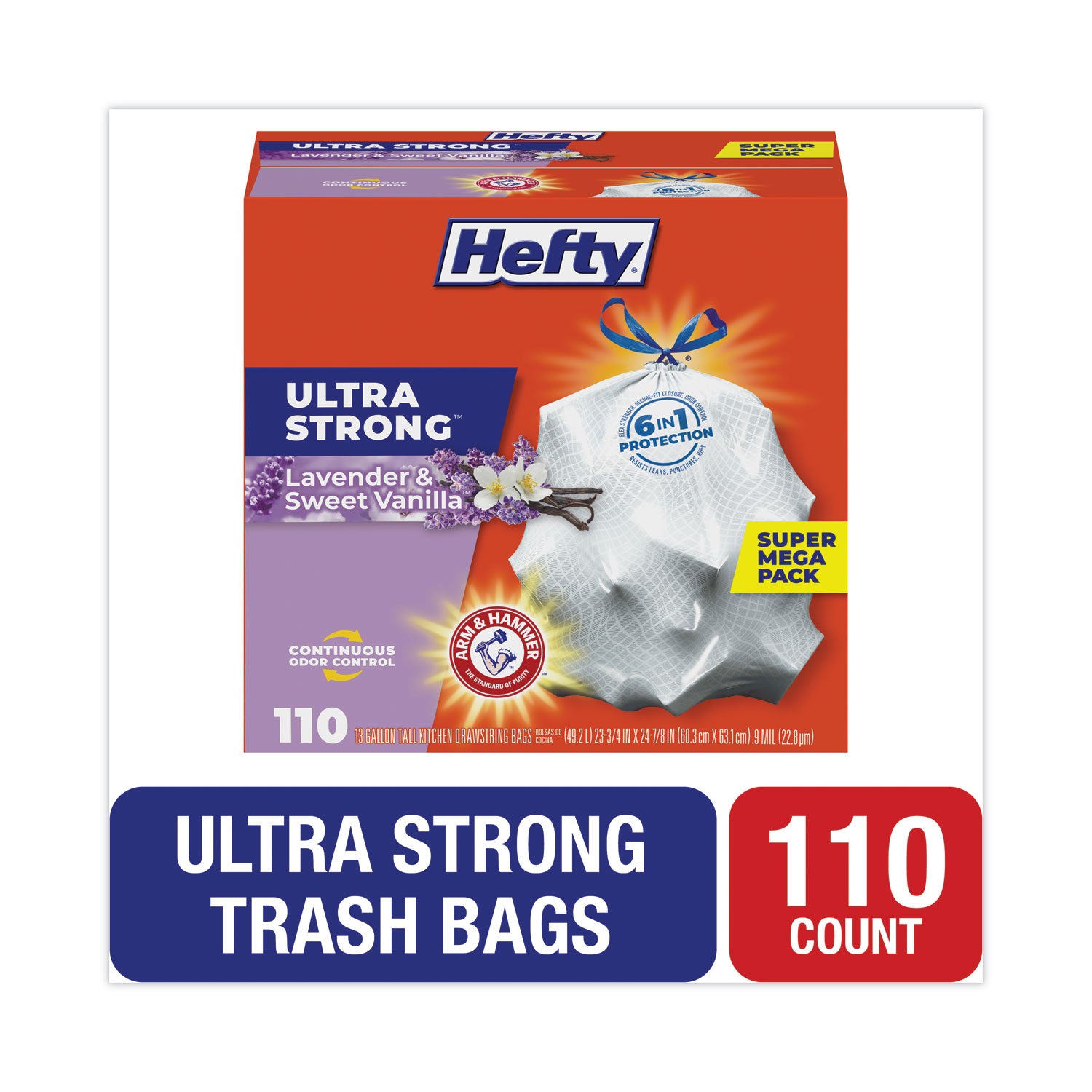 Extra Heavy-Duty Ultra Strong Scented Tall Kitchen Bags, Drawstring, 13 gal, Lavender/Vanilla, 23.75 x 24.88, White, 110/Box