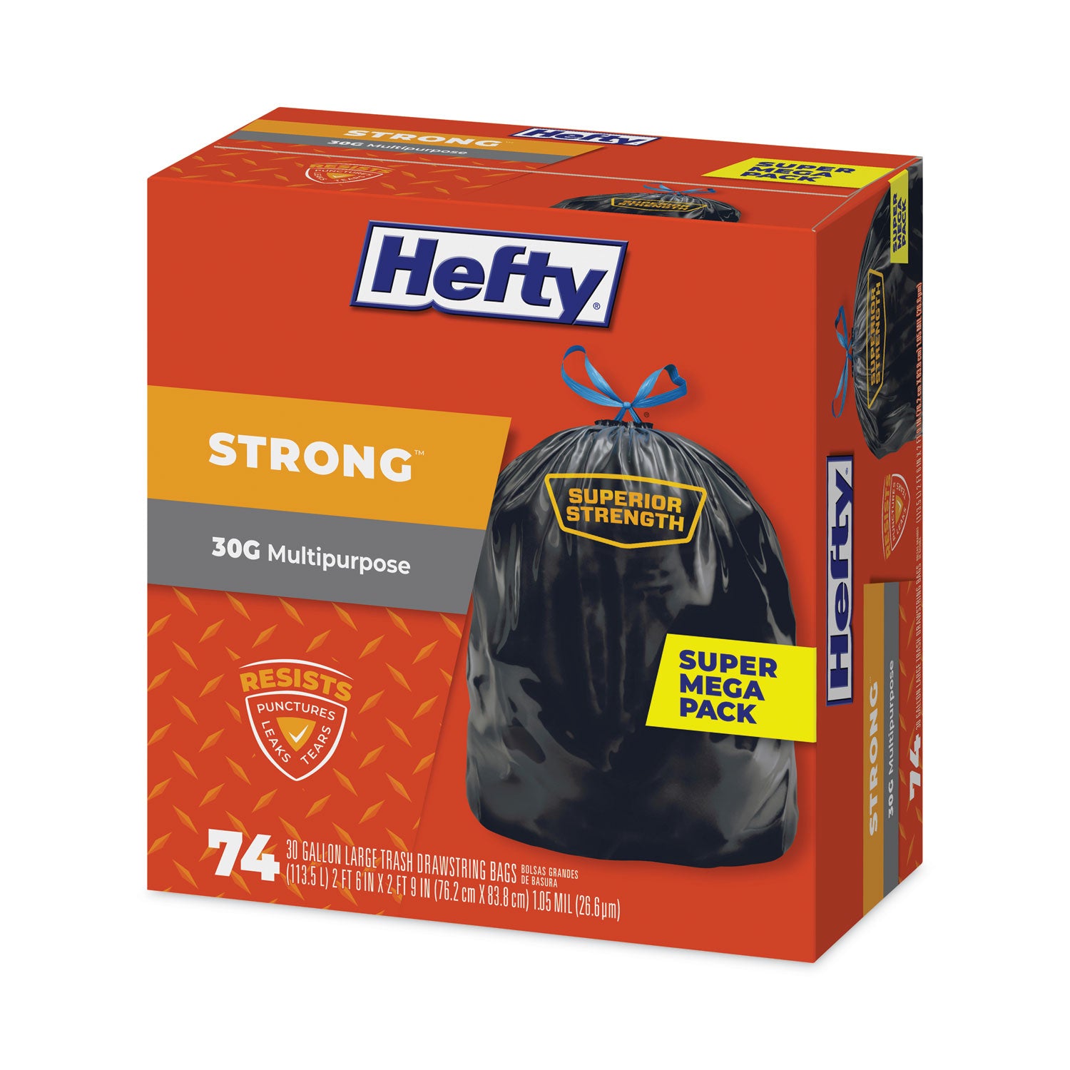 Hefty® Strong Multipurpose Drawstring Trash Bags, 30 gal, 1.1 mil, 30" x 33", Black, 74 Bags/Box, 3 Boxes/Carton