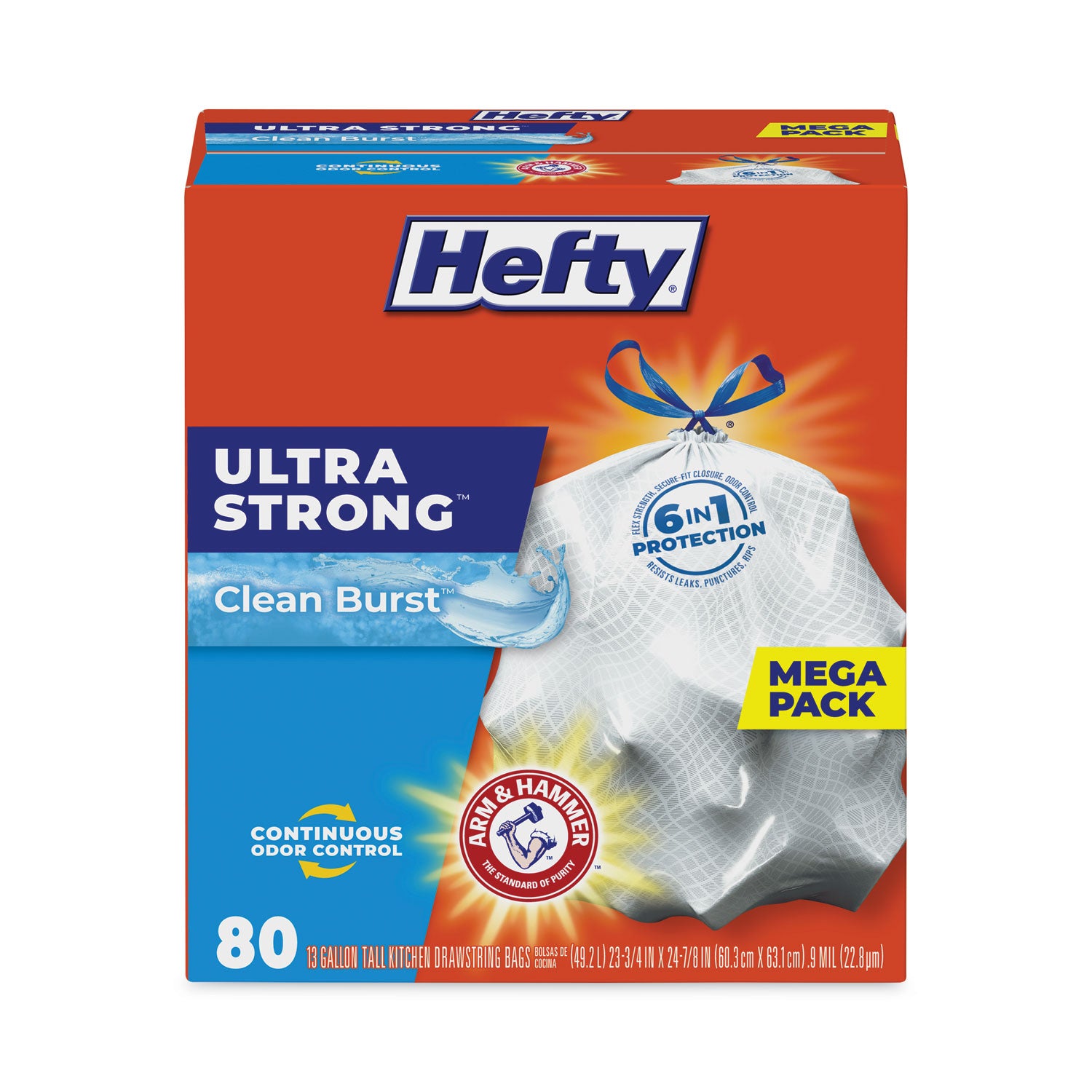 Hefty® Extra Heavy-Duty Ultra Strong Scented Tall Kitchen Bags, Drawstring, 13 gal, Clean Burst, 23.75" x 24.88", White, 80/Box