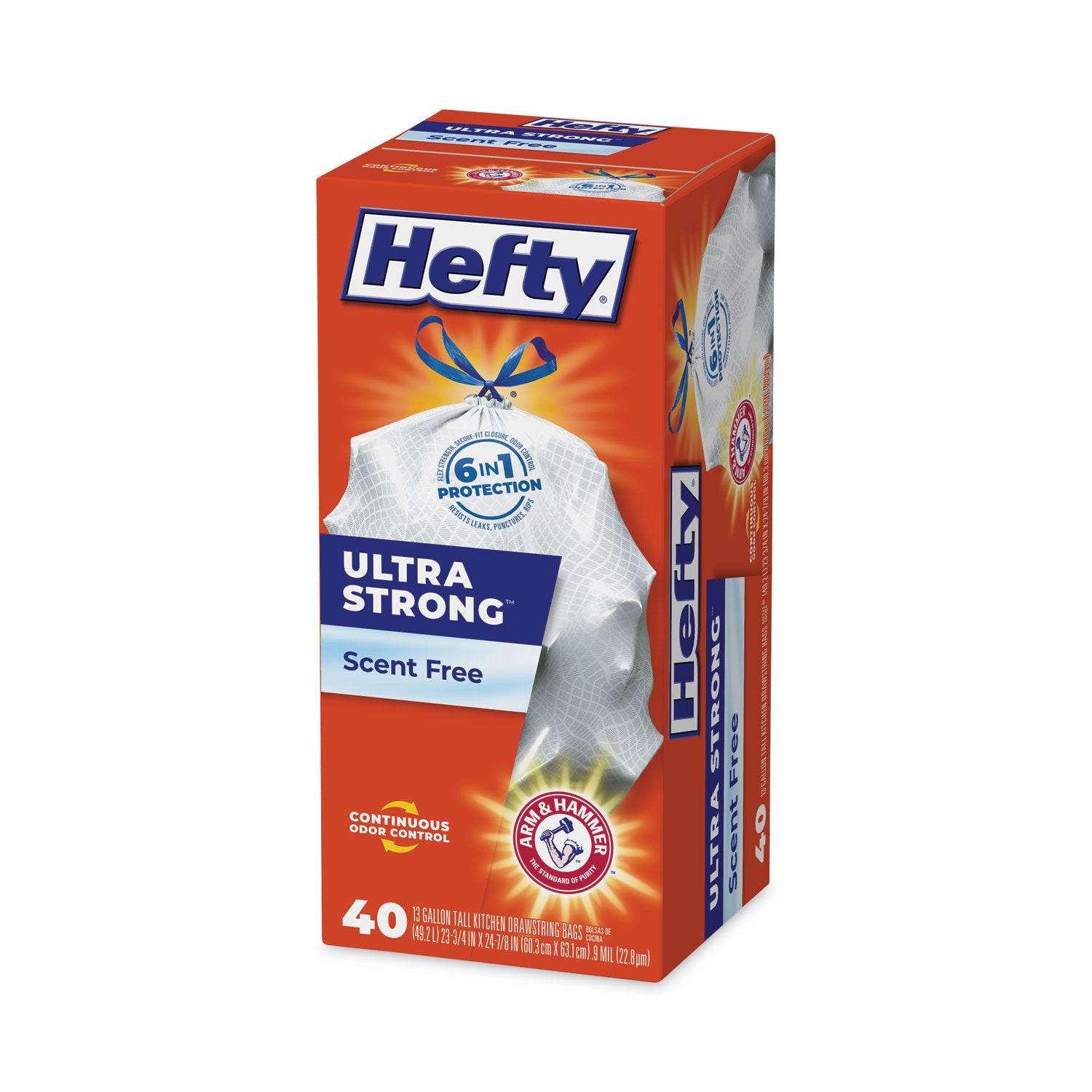 Hefty® Extra Heavy-Duty Ultra Strong Tall Kitchen Trash Bags, Drawstring, 13 gal, 23.75" x 24.88", White, 40/Box